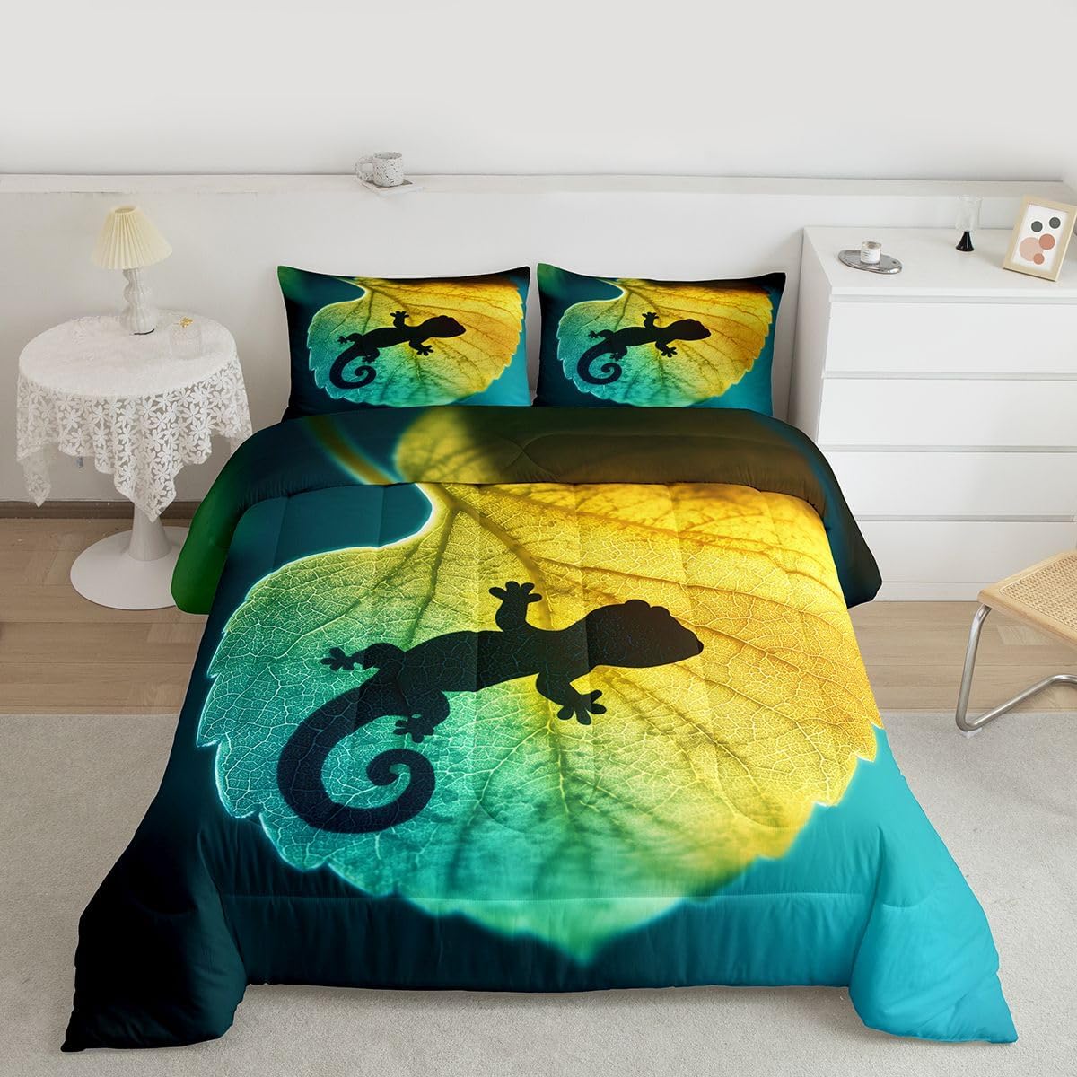 Feelyou Gecko Print Comforter Animal Bedding Set Green Leaf Comforter Set for Boys Girls Teens Decor Nature Duvet Set Twin Size Boys