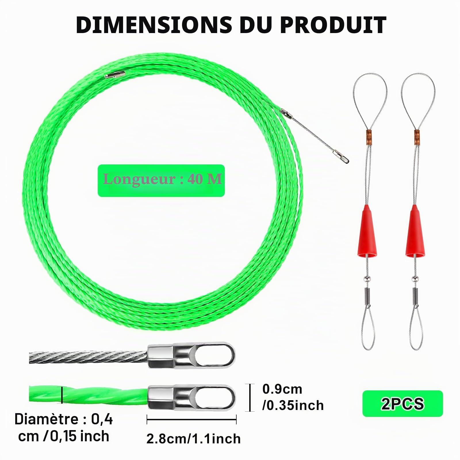 Vegena 40M Aiguille Electricien, Tire Fils Electrique Aiguille Tire Fil avec 2 Ressorts de Guidage, Tire Cable Electrique Diamètre 4 mm pour Pose Conduit de Sol