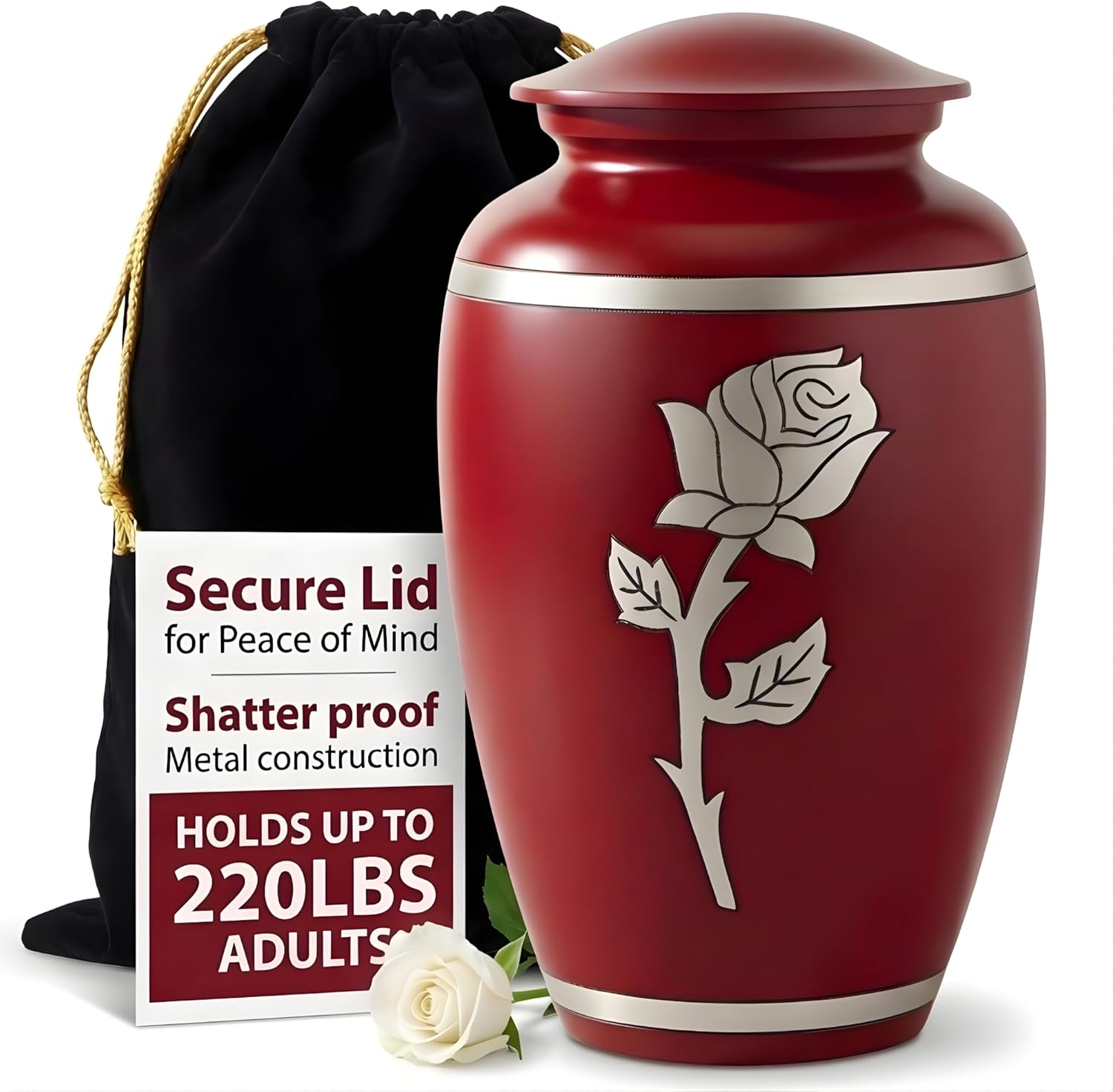 Hand-Engraved Rose Urn for Ashes for Women | Crimson Red Large Decorative Urns for Human Ashes Adult Female Mom | Handmade Funeral Urns for Ashes | Full Size Decorative Memorial | Large, 220 lbs