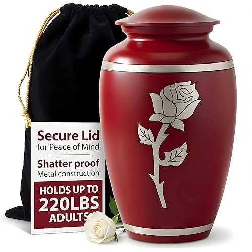 Hand-Engraved Rose Urn for Ashes for Women | Crimson Red Large Cremation Urns for Human Ashes Adult Female Mom | Handmade for Burial, Funeral Urns | Full Size Decorative Memorial | Large, 220 lbs