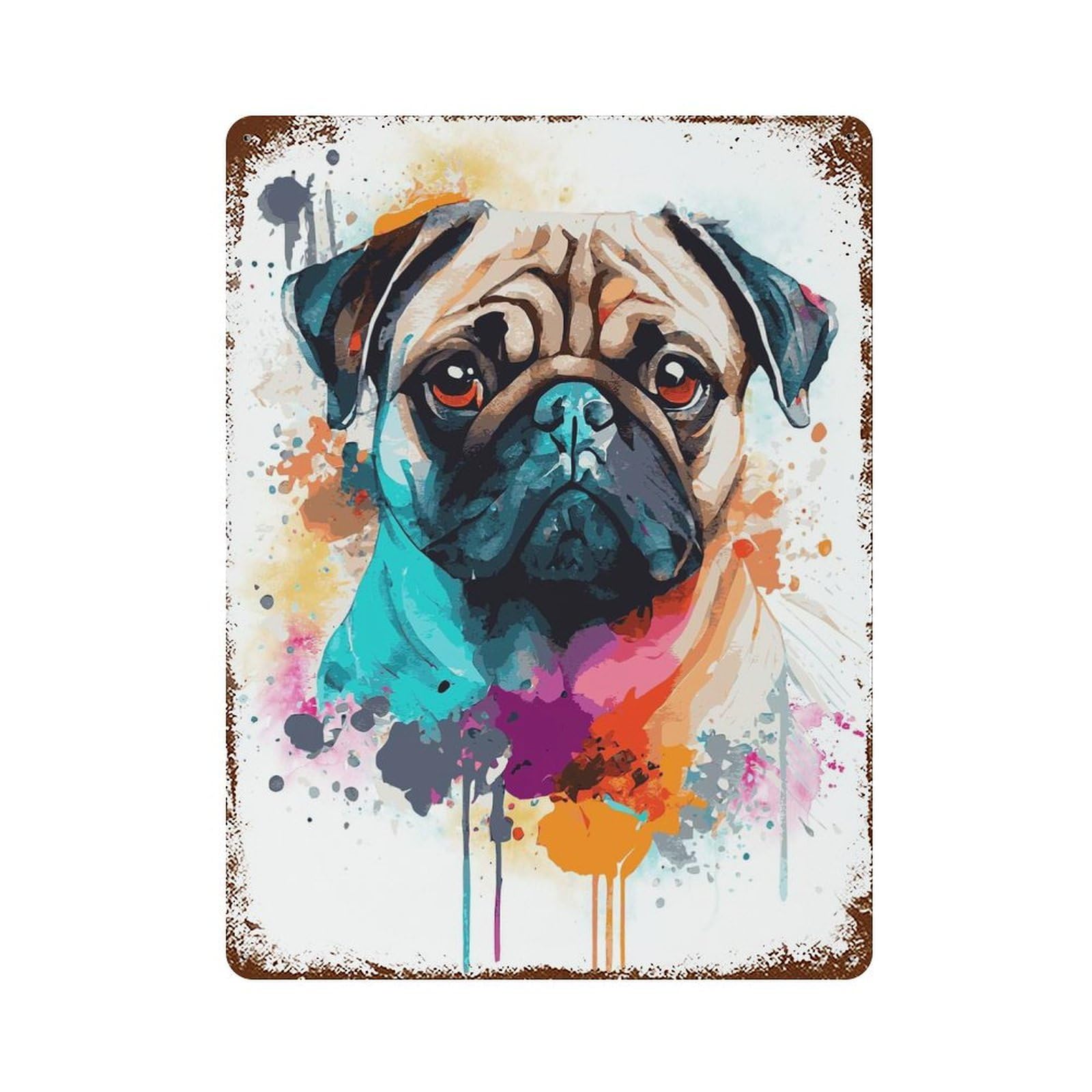 Garage Style Cute Watercolor Pug Art Aged Metal Wall Plaque 15.7"x11.8", Decorative Metal Wall Art for Bar And Workshop