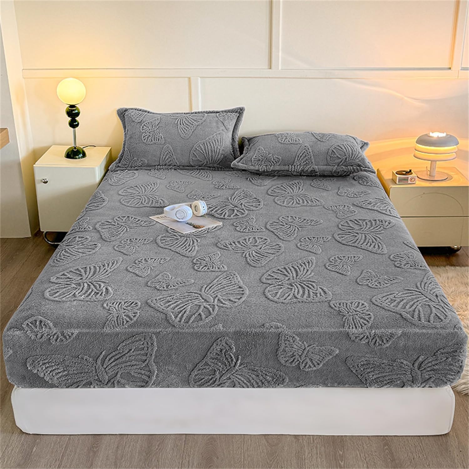 Flannel Velvet Bed Sheet, Winter Super Soft Cosy Plush Shaggy Taffeta Elastic Fitted Mattress Protector, with 11" Deep Pocket, for Kids Teenager Bedroom (Blue Gray,King)