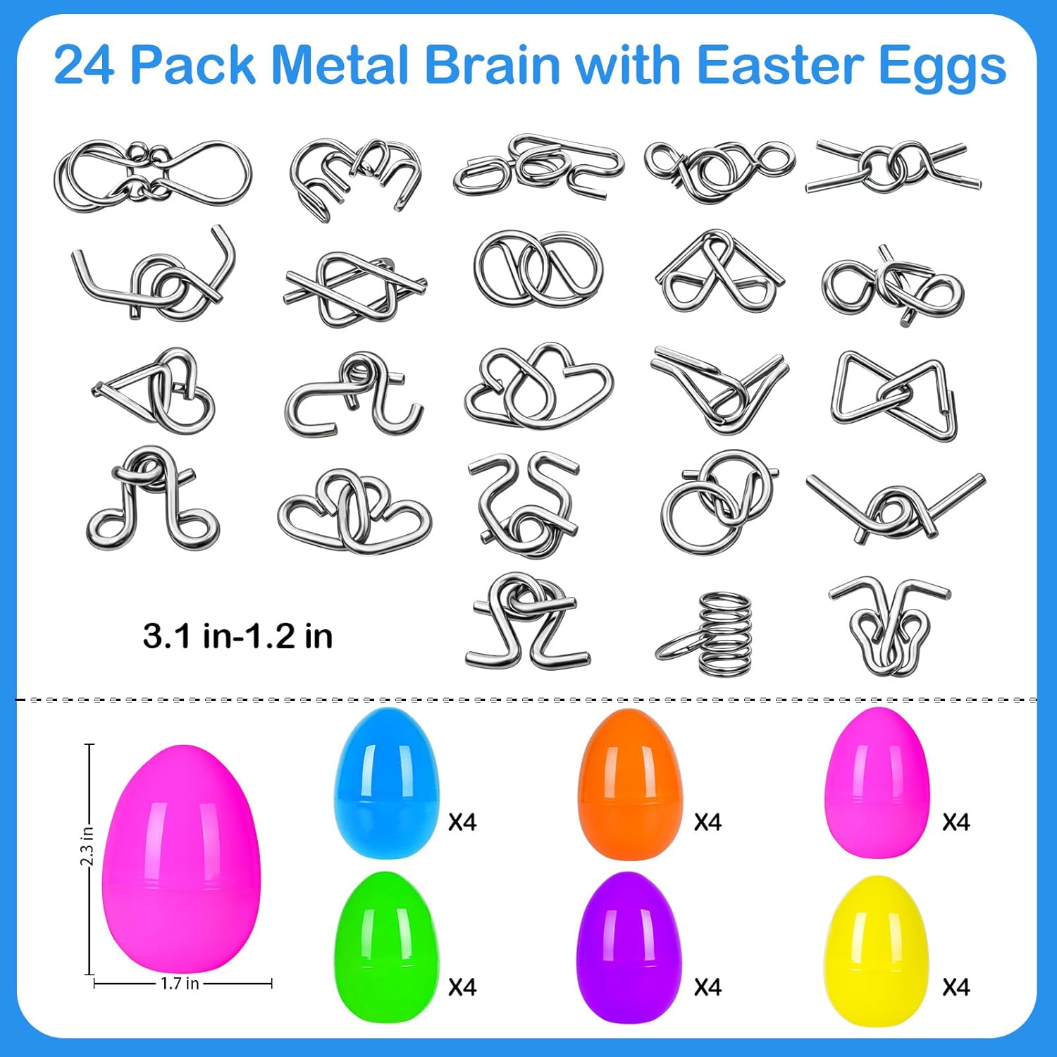 24 Pack Easter Eggs with Metal Brain Teaser Puzzles , Filled Easter Egg Surprise Toys for Kids Party Favors Classroom Prizes Gifts for Boys & Girls