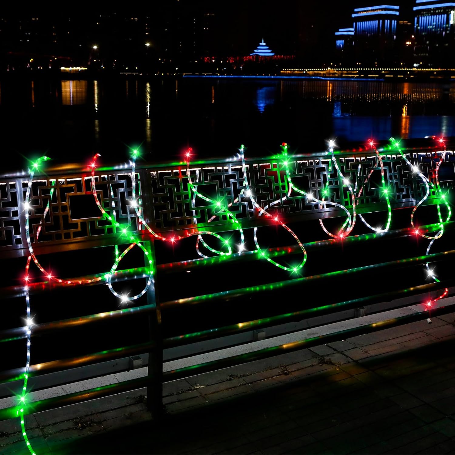 DINGFU 50ft 360 LED Waterproof Rope Lights, 110V Connectable Indoor Outdoor Led Rope Lights for Deck, Patio, Pool, Camping, Bedroom Decor, Landscape Lighting and More (RED+White+Green)