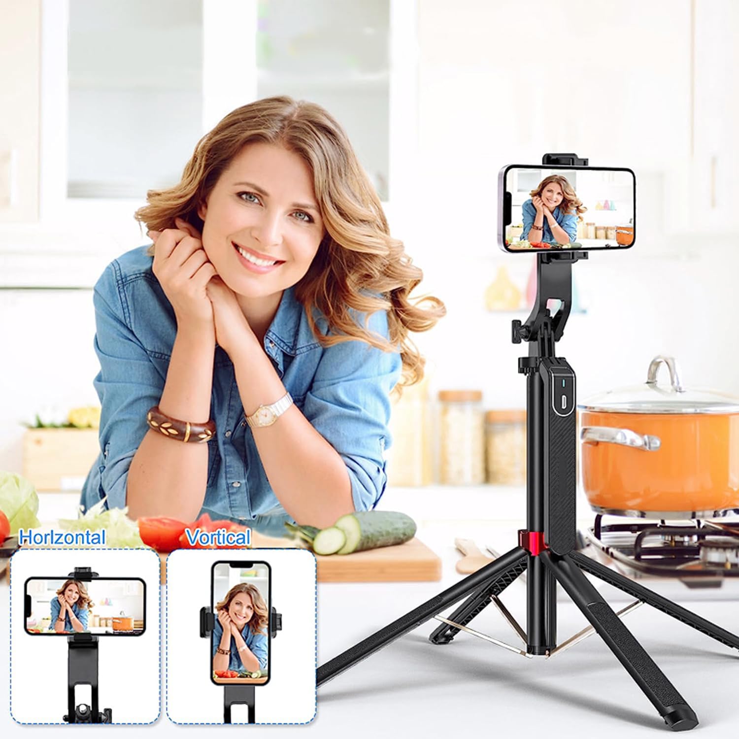 Trípode de palo selfie de 72 pulgadas con control remoto, soporte de teléfono expandible para iPhone/Android, estabilizador de video de aluminio ligero para cámaras de acción, blogs de vídeo