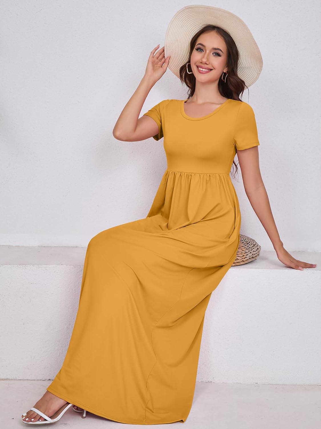 DEARCASE Maxi Dress for Women Short Sleeve Casual Summer Loose Plain Comfy Long Dresses with Pockets - Image 3