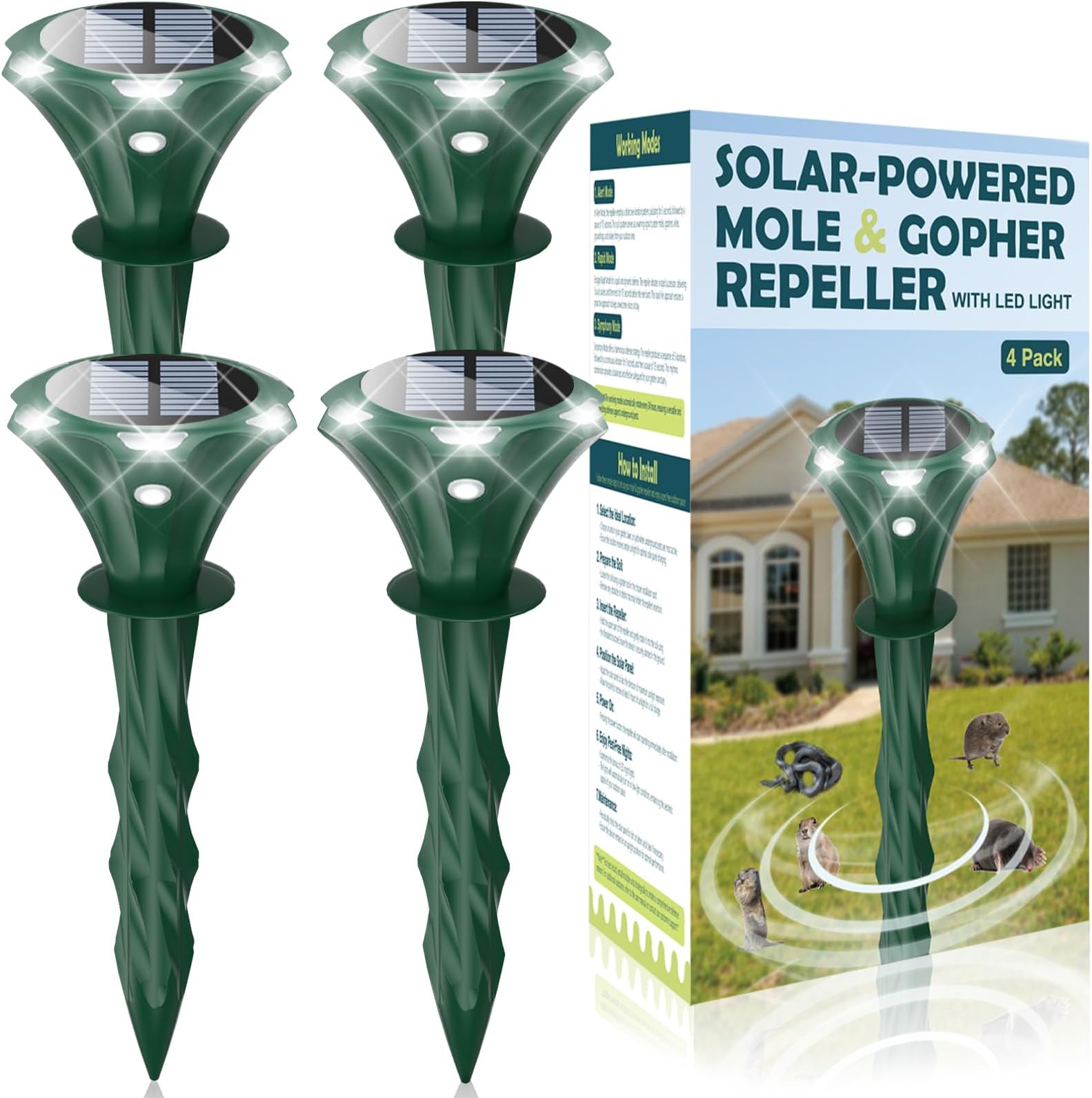 Mole Repellent Solar Powered Pack of 4 Sonic Mole Deterrent Spikes,Snake Gopher Vole Repellent for Lawn Garden & Yard Gopher Deterrent,Groundhog Repeller