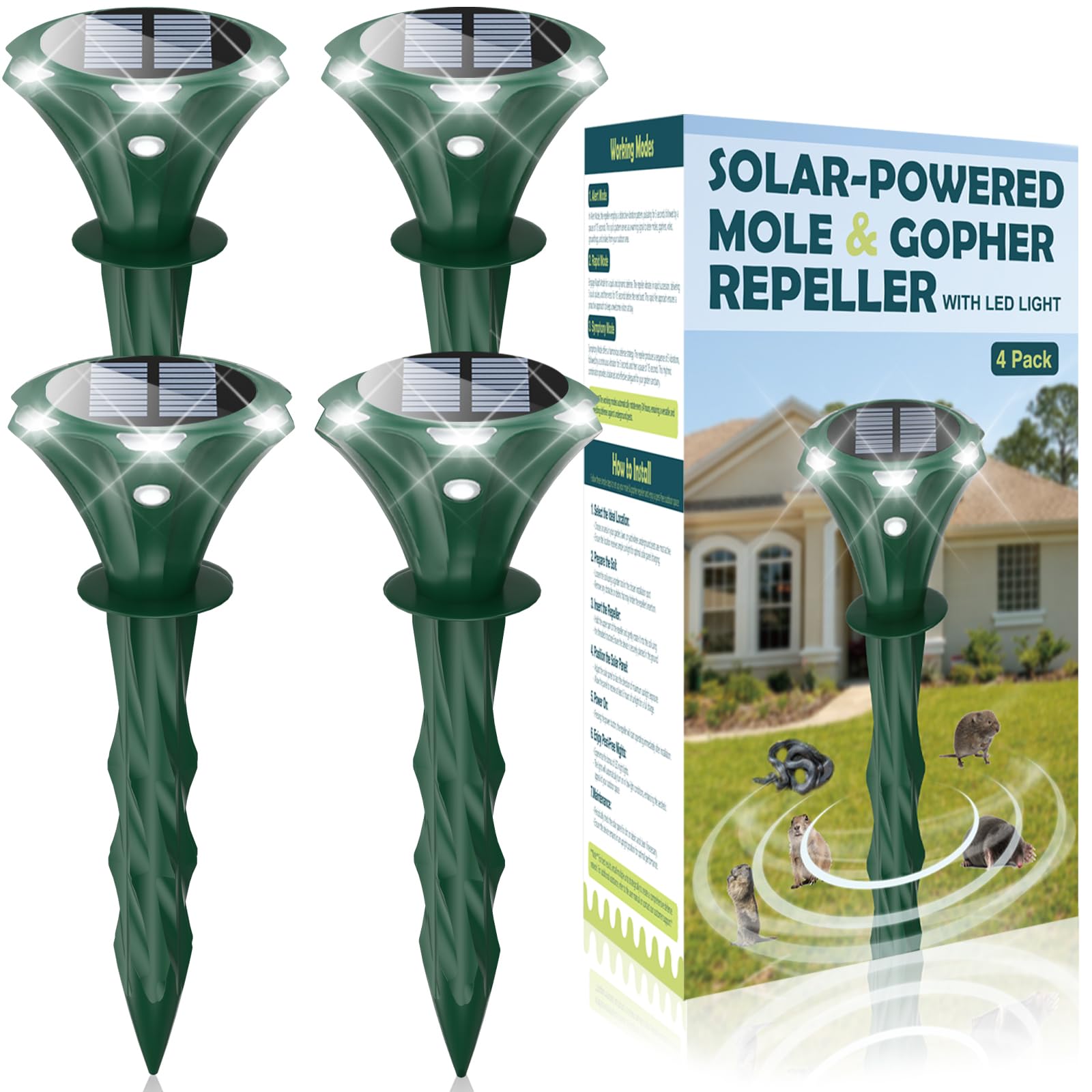 Mole Repellent Solar Powered Pack of 4 Sonic Mole Deterrent Spikes,Snake Gopher Vole Repellent for Lawn Garden & Yard Gopher Deterrent,Groundhog Repeller