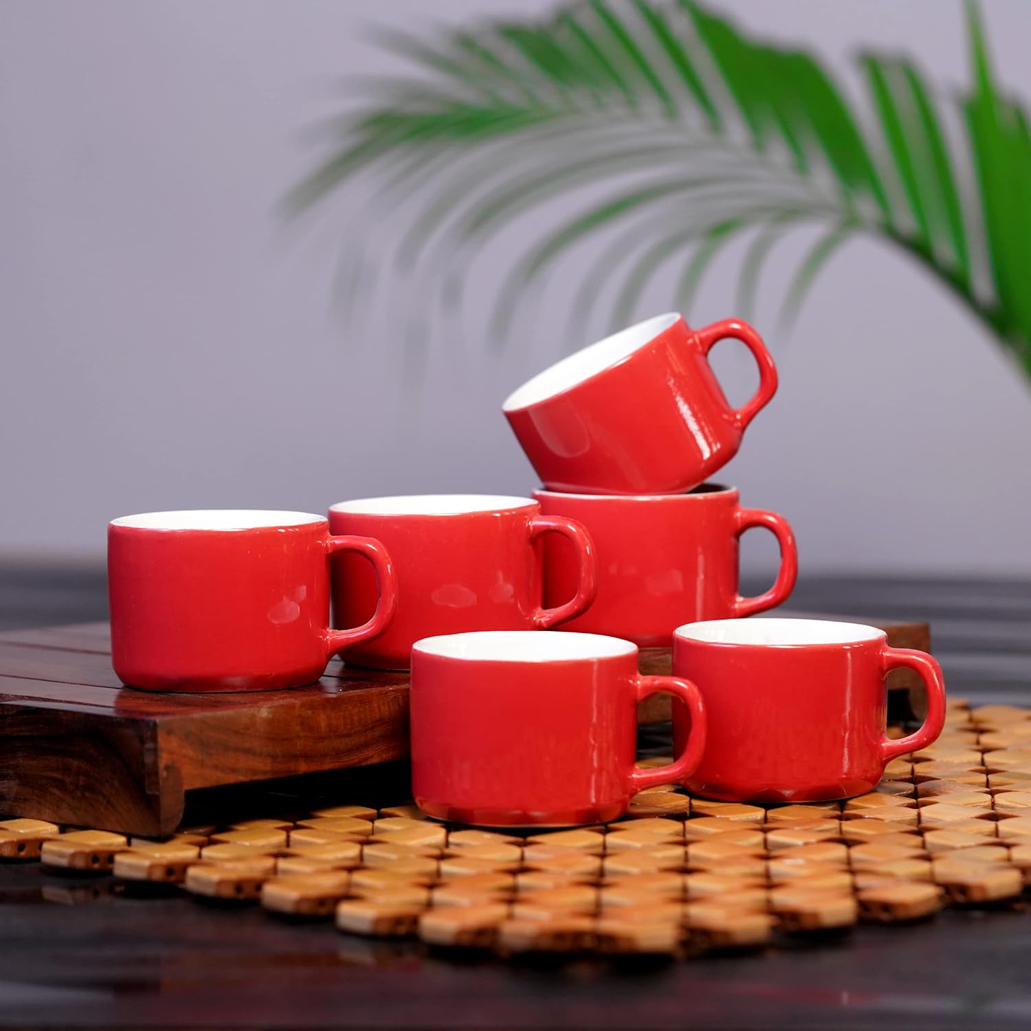 Buy LUPAAVA Handmade Ceramic Tea Cup Set of 6, 150 ml, Red, Glossy