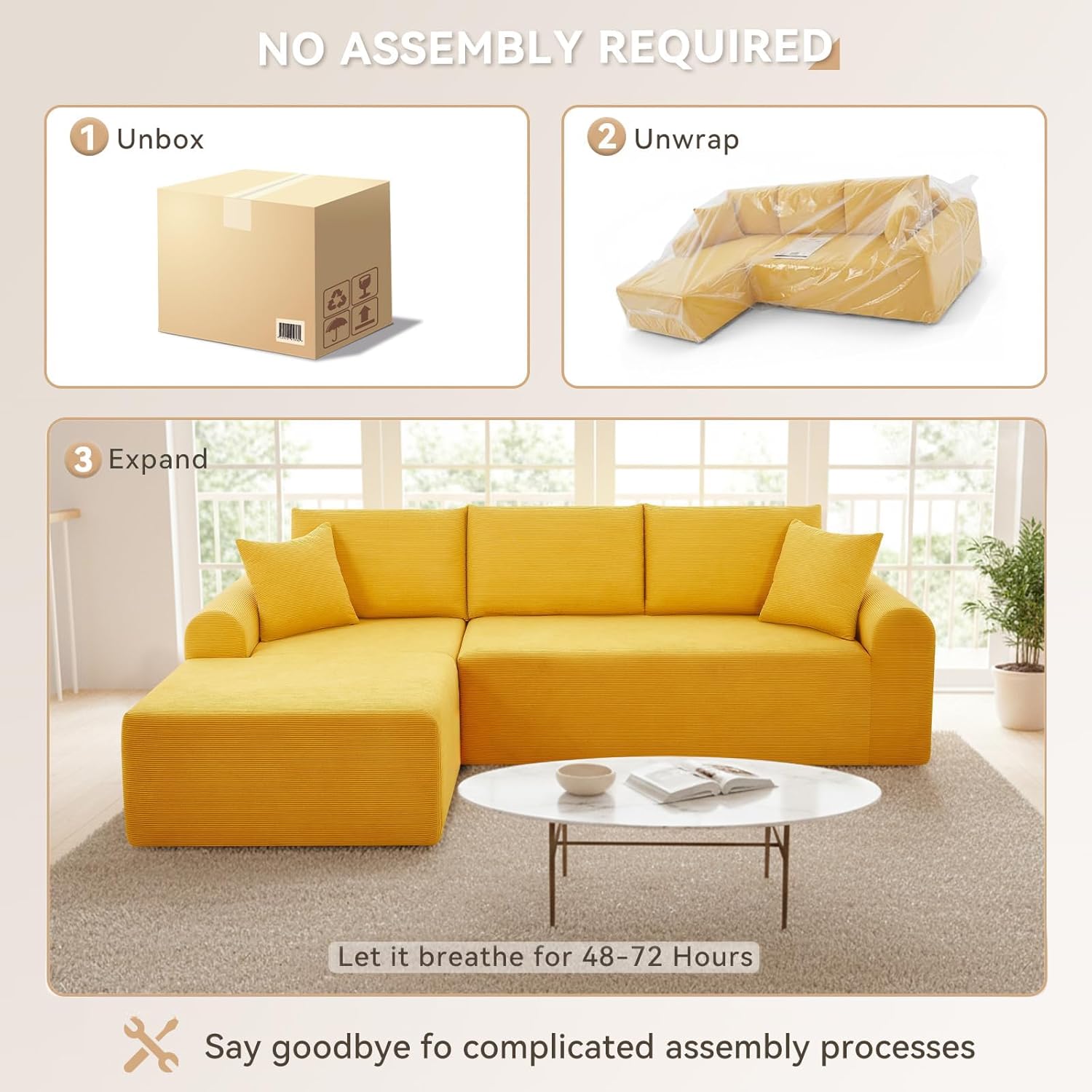 Modular Sectional Sofa with Chaise, Cloud Sectional Couch with Deep Seat, Modular L-Shape Sofa Corduroy Boneless Couch for Living Room,Bedroom,No Assembly Required(Yellow, Left Facing Chaise)