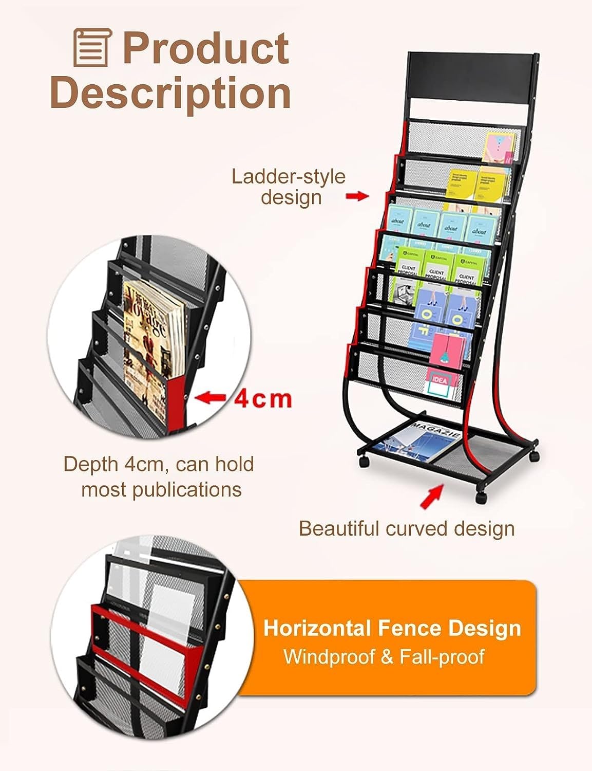 Estante De Exhibición, Estante De Carteles De Metal con Ruedas, Soporte De Revistas De Pie, Soporte De Exhibición De Folletos Y Folletos, para Almacenamiento De Oficina,Black