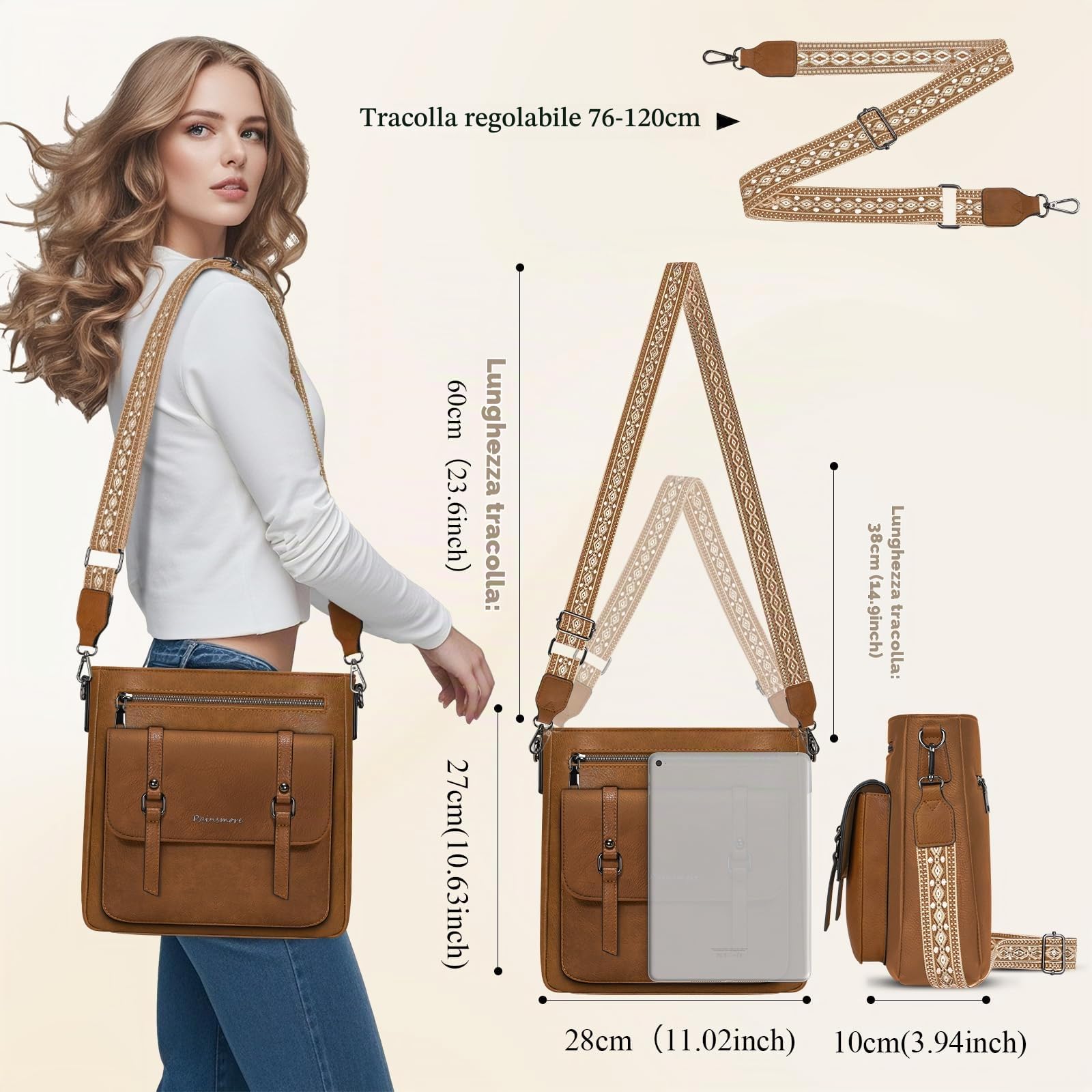 RAINSMORE Borsa Tracolla Donna Borse a Tracolla Borsetta Donna | Multitasche Borse a Spalla in Pelle Media Crossbody Bag per la Shopping Scuola Lavoro Viaggio