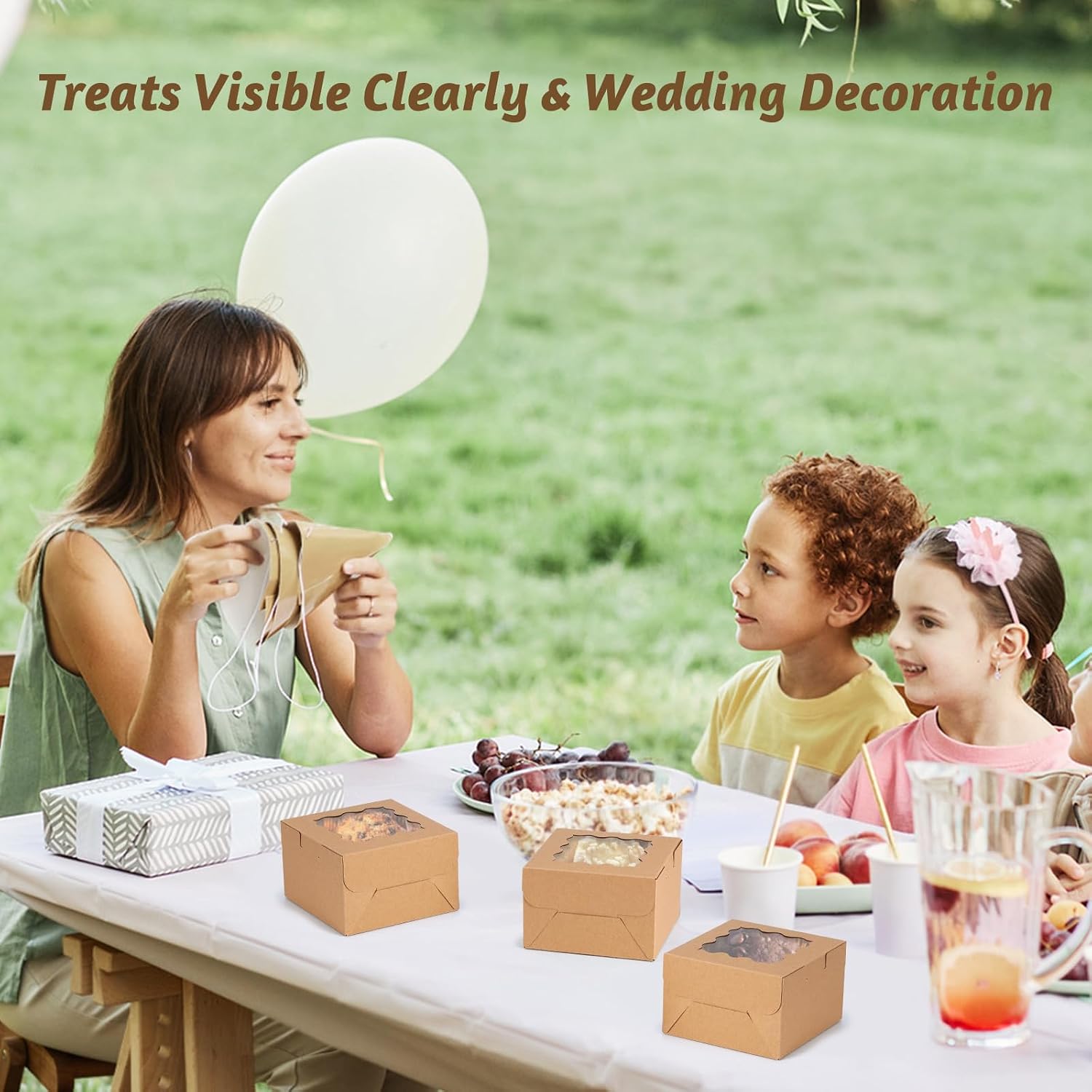50pcs Brown Cookie Boxes with Window, 4x4x2.5 Inches Small Treat Boxes, Kraft Grease-proof Film Paper Bakery Boxes, Pastry Boxes for Dessert, Strawberries, Cupcake, Valentine, Gift Giving