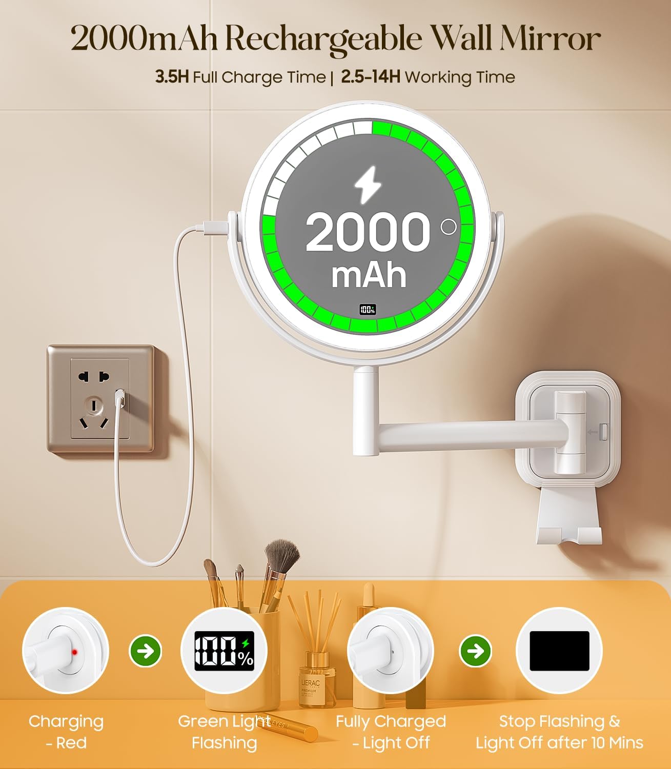 Gospire No Drilling Wall Mounted Lighted Makeup Mirror with Magnification 10X, 7 Inch Rechargeable Magnifying Vanity Mirror with Hooks, LED Display & 3 Light Modes for Bathroom