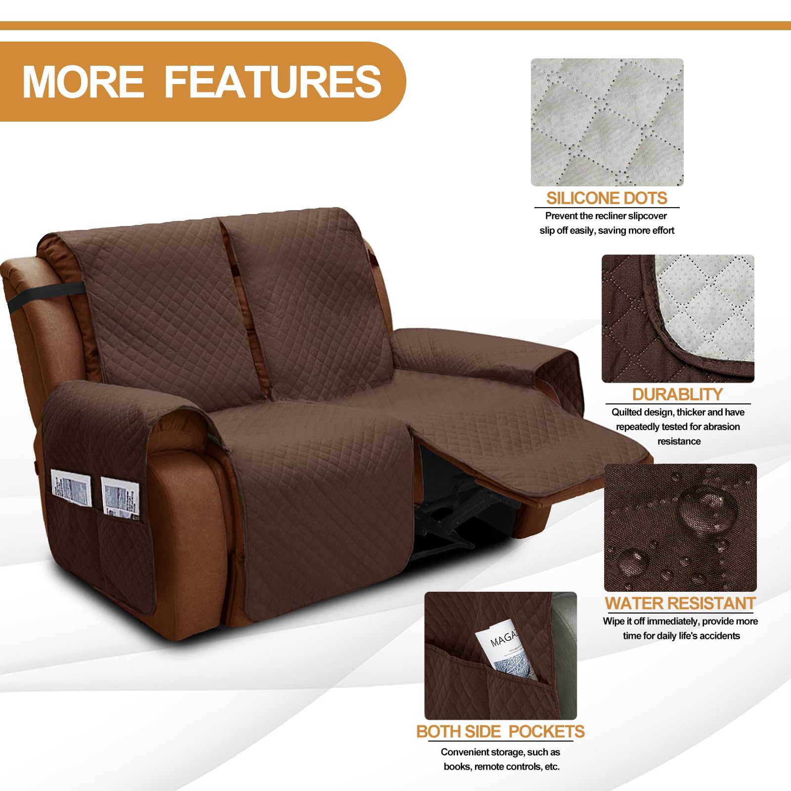XINEAGE Water Resistant Recliner Cover, 2 seat Recliner Loveseat Covers with Pockets, Quilted Thick Recliner Protector Cover for Dog Pets with Non Slip Backing and Strap (Recliner Loveseat, Coffee)