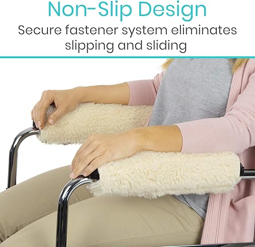 Miniatura 9 de Vive Funda para reposabrazos de silla de ruedas (par)  Almohadilla de espuma viscoelástica de piel de oveja para silla de oficina y transporte