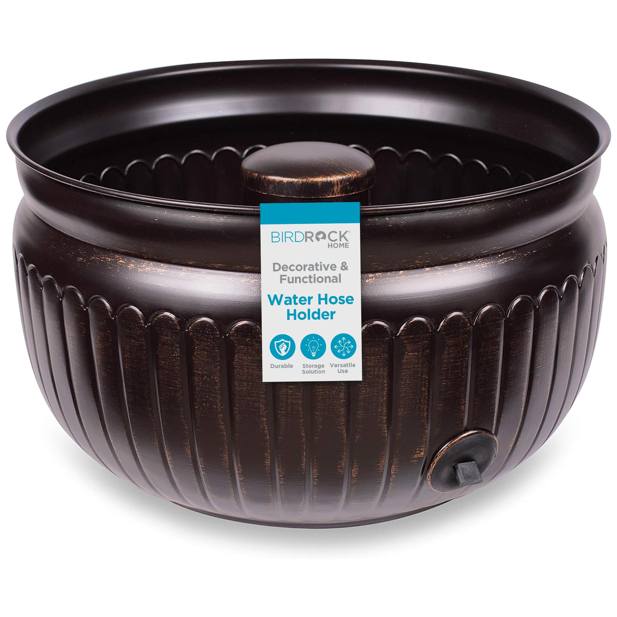 Water Hose Holder - Decorative Metal Pot, Indoor or Outdoor, Garden Storage Organizer, Patio Portable Bucket - Distressed Bronze, Holds up to 100ft Hoses, Medium No Lid