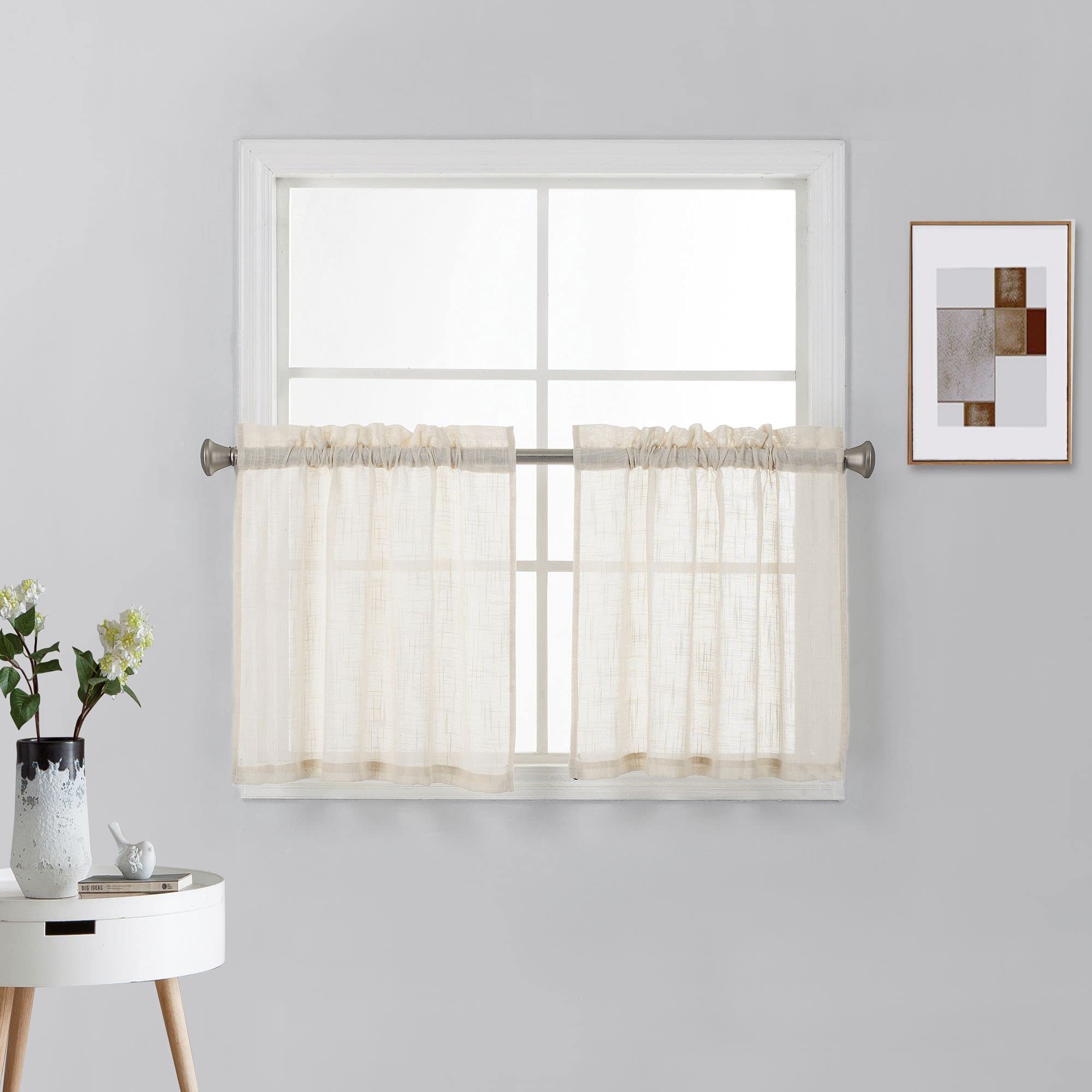 Diamond Home Linens 2 Piece Short Semi Sheer Linen Look Window Treatement Tiers for Any Small Window (27