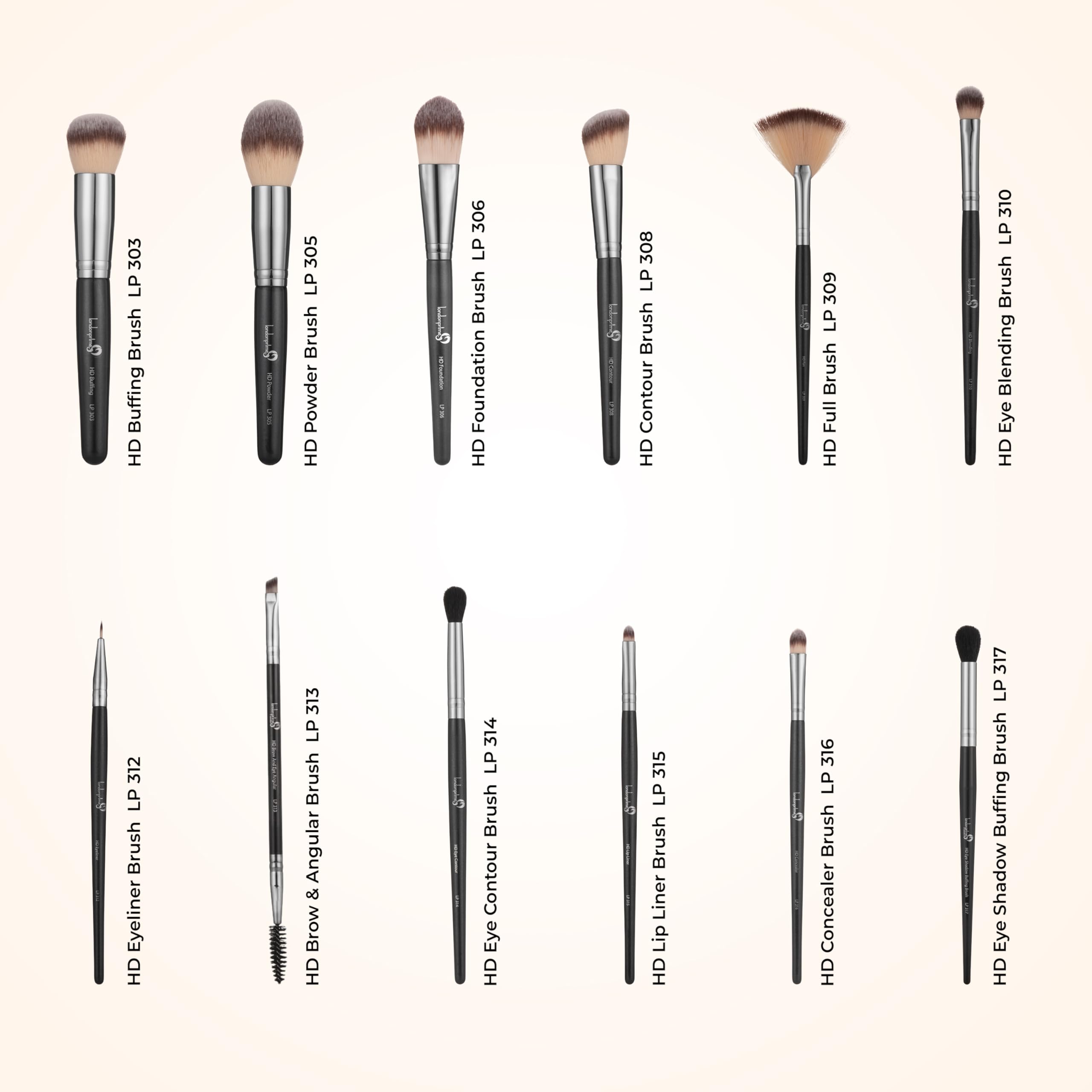 London Prime - Juego de 12 brochas de maquillaje profesionales con sombra de ojos, base, polvo, corrector, brocha para rostro y ojos, cerdas sintéticas