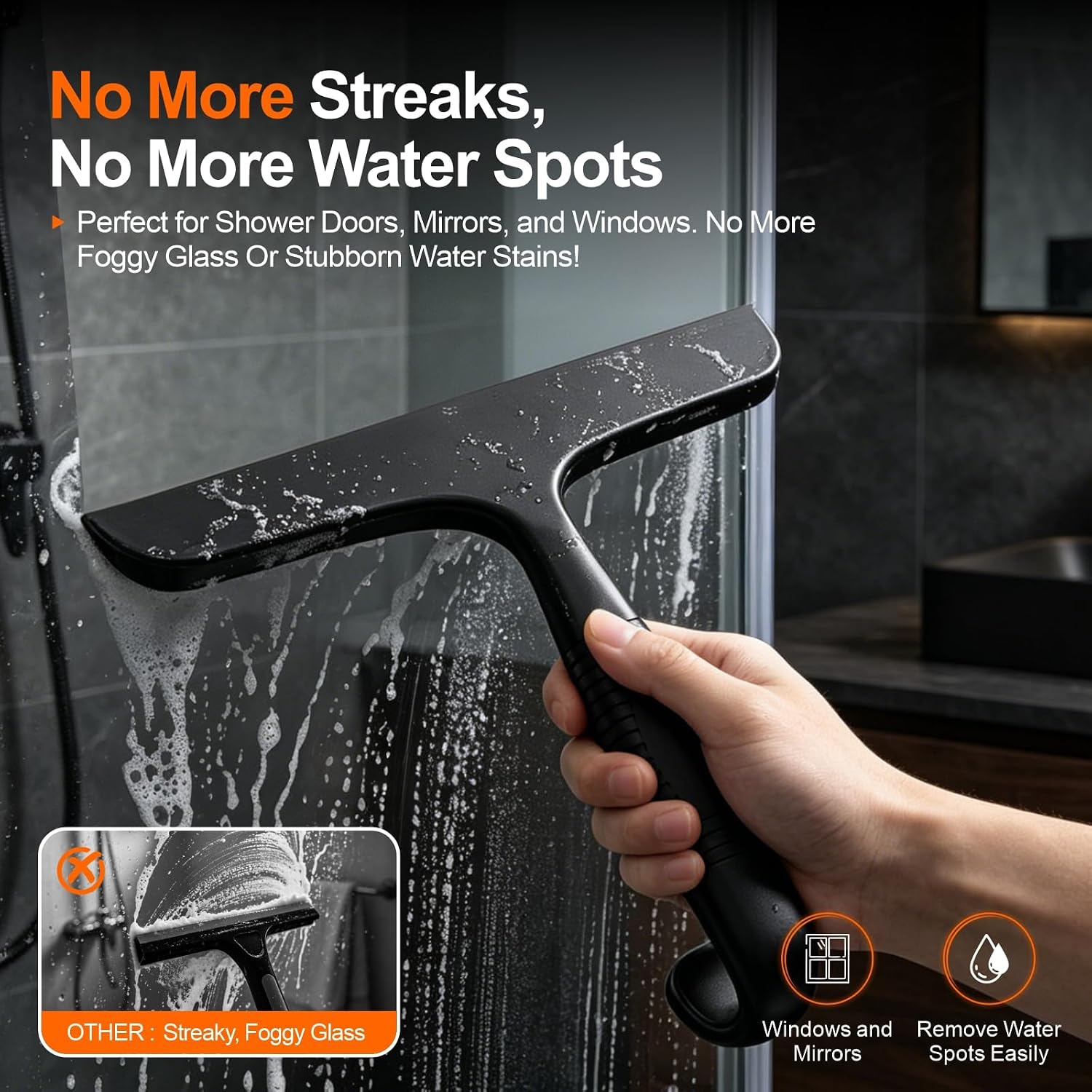 Window Squeegee for Shower Doors, Bathroom, Mirror, Black