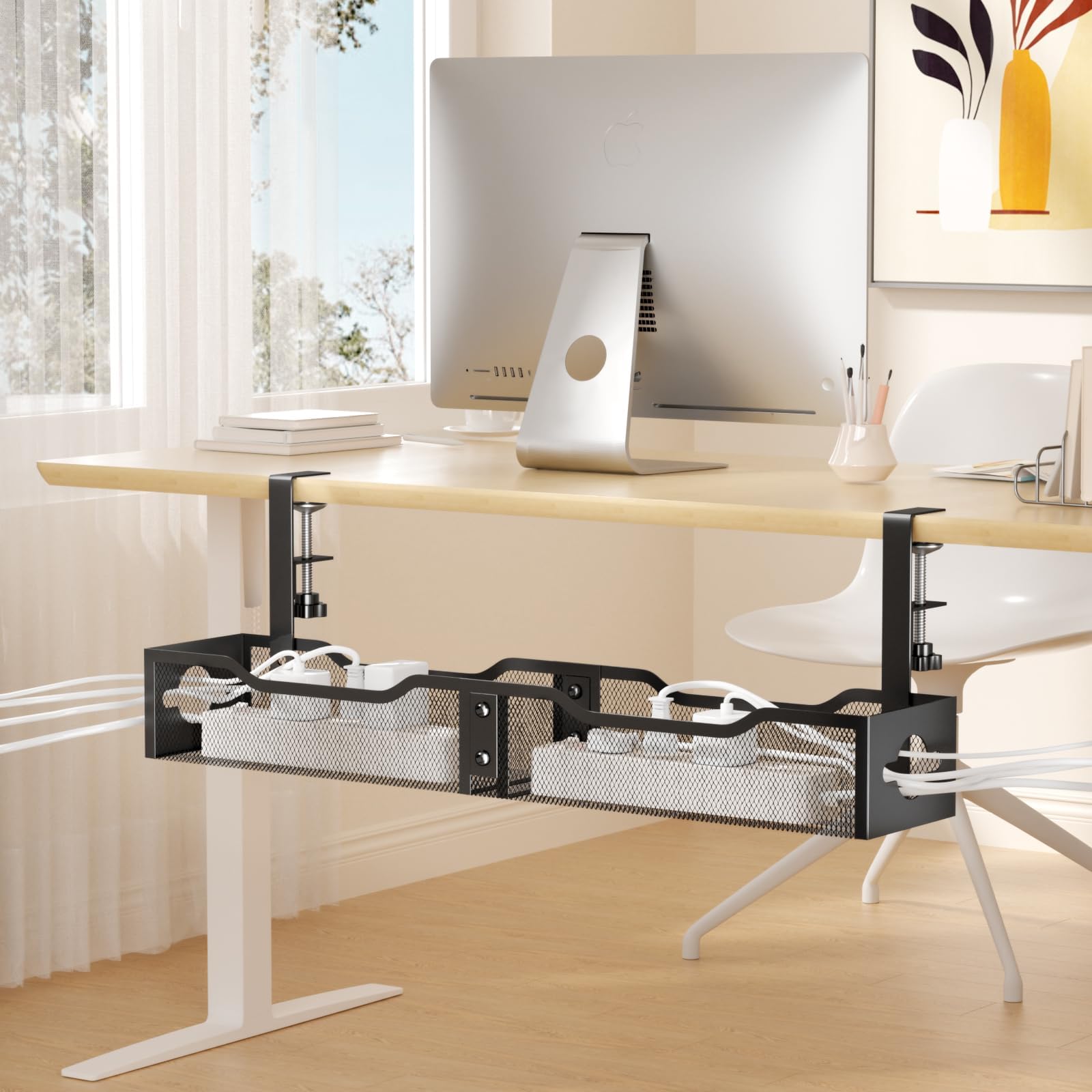 Under Desk Cable Management Tray 25.12", Extra Large Cable Management No Drill, Extended Cord Organizer with Adjustable Clamps, Black