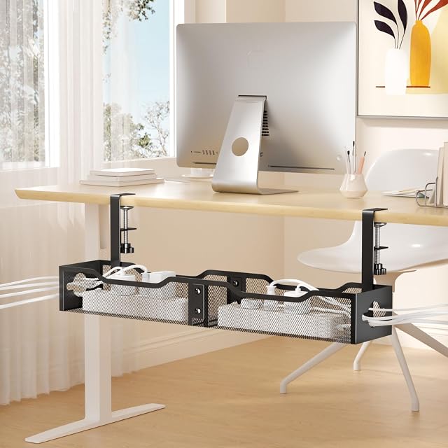 Gestion des câbles sous bureau 25.12", Super grand organisateur de câble de bureau pas de perceur pour la maison, bac de gestion de fil avec pinces réglables pour le bureau, noir
