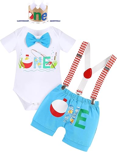 Traje de pesca para el primer cumpleaños para bebés y niños, mameluco con corbatín + pantalones cortos + tirantes + sombrero pastel Smash juego de