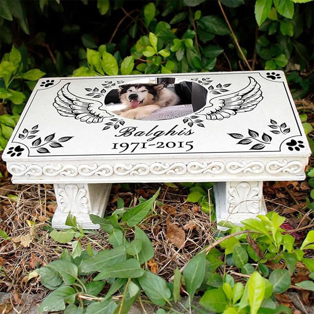 JHB Personalized Bench Pet Memorial Garden Stone Plaque with Colorful Photo, Dog Grave Marker Dog Tombstone Cat Headstone for Graves Loss of Pet Gift Cemetery Garden Plaque (S)