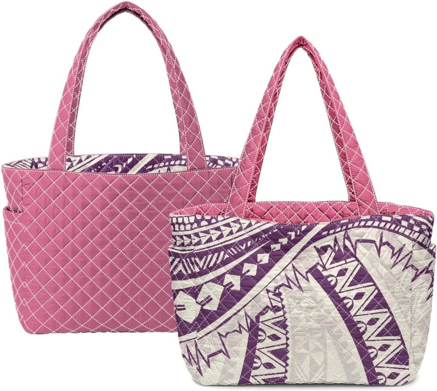Women's Quilted Reversible Tote Bag with Side Pocket, Lightweight Large 2-in-1 Handbag for School, Pink
