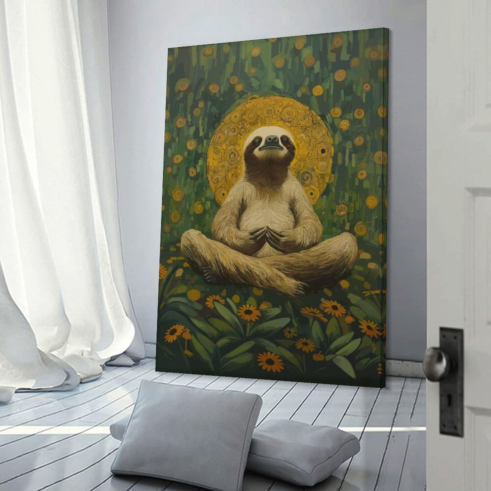 Junmoney Canvas Wall Picture Sloth in Meditation, 24x36inch(60x90cm), for Home Lounge, Bedroom Or Reading Nook, A Home Accent with Warm Character