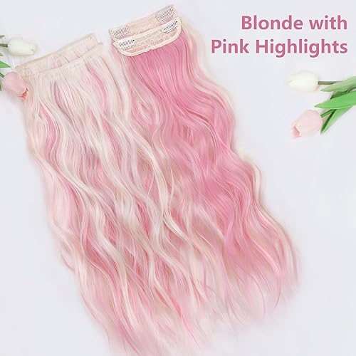 Miniatura 2 de ALXNAN Extensiones de cabello largo ondulado con clip, 20 pulgadas, extensiones de cabello rubio rosa y rubio, 4 piezas, extensiones gruesas de
