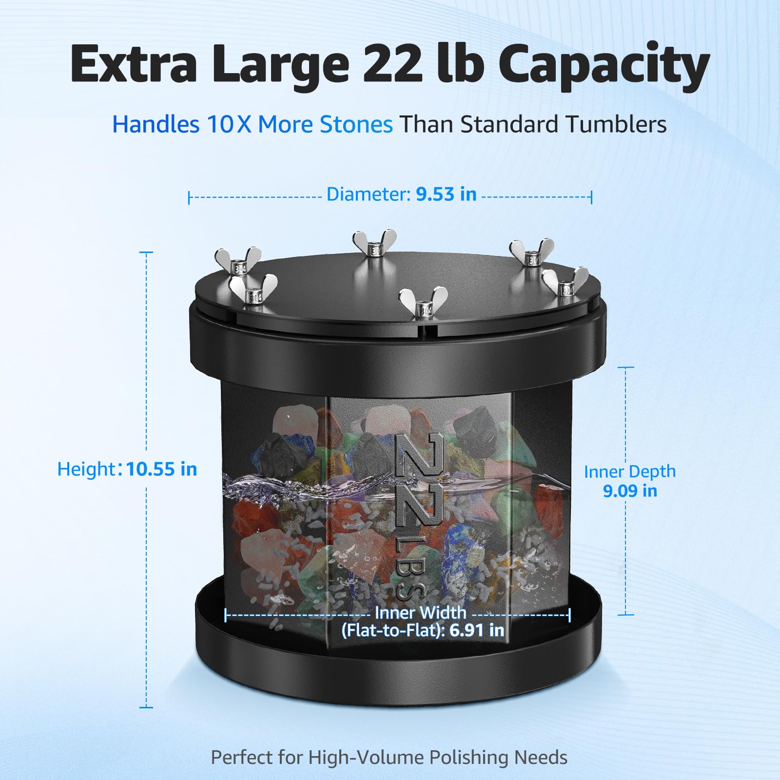 Condition photo showing New/Like New for professional rock tumbler  22lb extra-large capacity rock polisher with brushless motor, real-time power monitoring & heavy-duty metal construction for continuous rock tumbling