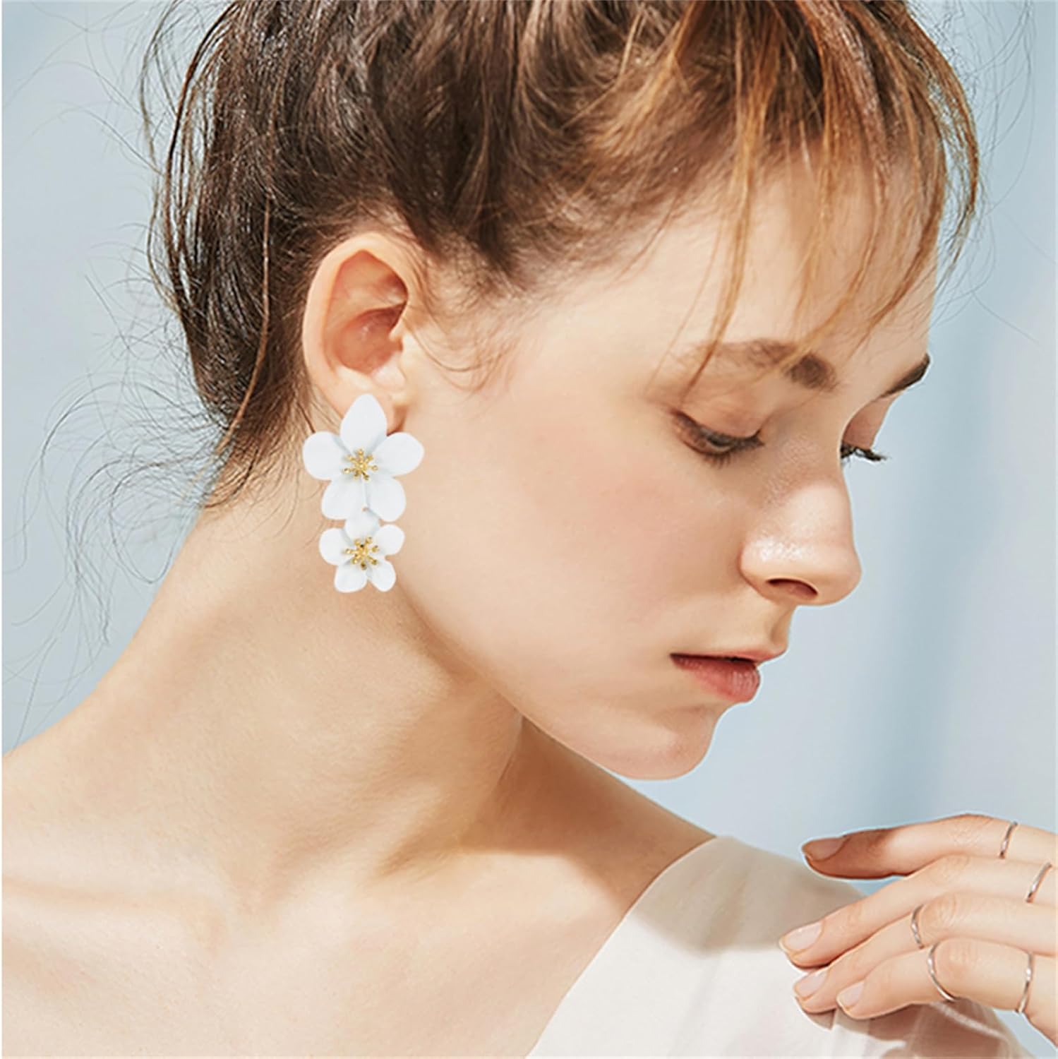 coadipress Pearl Flower Dangle Earrings Statement Stud Earring Large Metal Double Flower Matt Earring Boho Layered Floral Petal Drop Earrings for Women Mom Lover and Friends - Image 4