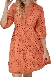 Eyelet Dresses for Women Casual Summer 3/4 Sleeve Hollow Out Knee Length Dresses Loose Fit Solid Color V Neck Dress