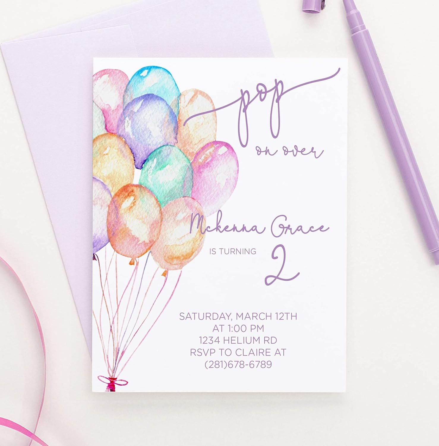 Modern Pink Paper Balloon Birthday Invitations for Girls, Balloon Invitations Birthday, Your choice of Quantity, Age, Info and Envelope Color