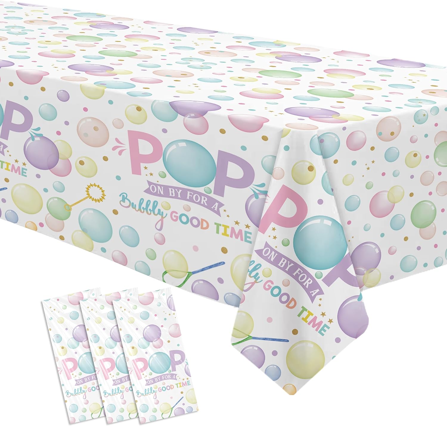 Bubble Birthday Party Tablecloth Decorations for Girls, 3Pcs Disposable Summer Pastel Pop On Over Bubbles Theme Party Table Cover Supplies for Birthday Baby Shower, 55in x 86in