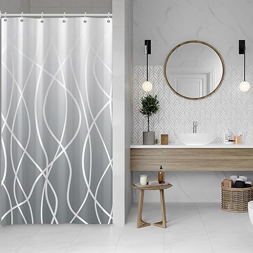 Miniatura 197 de Cortina de ducha pequeña a rayas gris claro degradado para baño, 36 x 72 pulgadas, juego de cortina de ducha geométrica para cabina de RV con Gris
