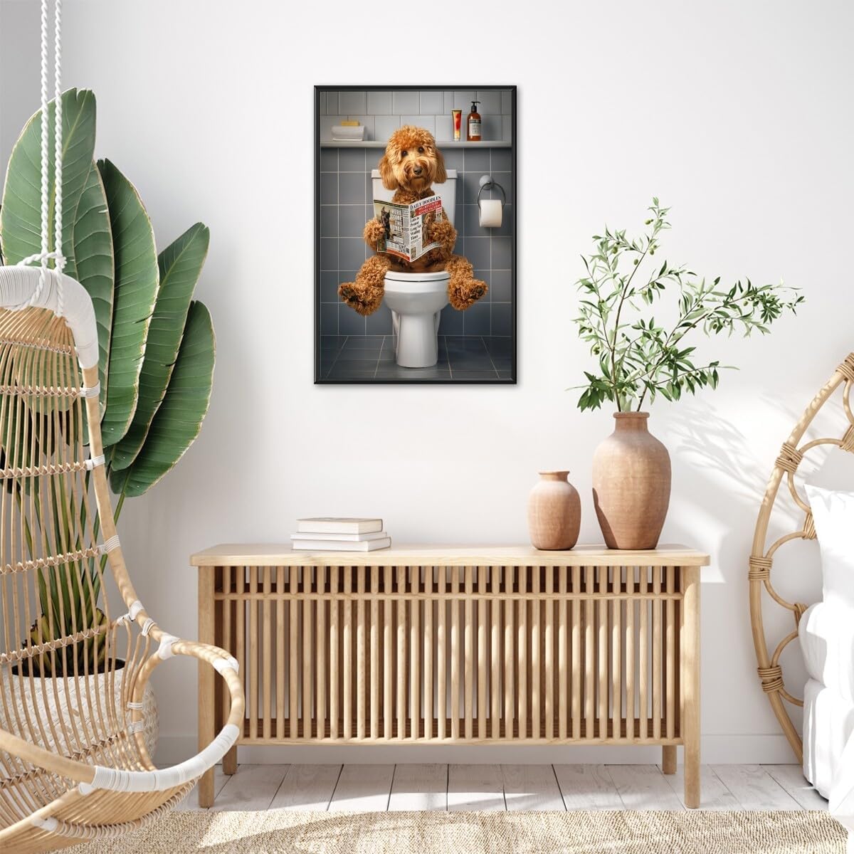 Funny Bathroom Canvas Print Wall Art Poster Goldendoodle Retriever on Toilet and Reading Magazine Humor Animal Posters Prints For Dog Lovers Home Wall decor Bathroom decor ideas 8x12inch black framed