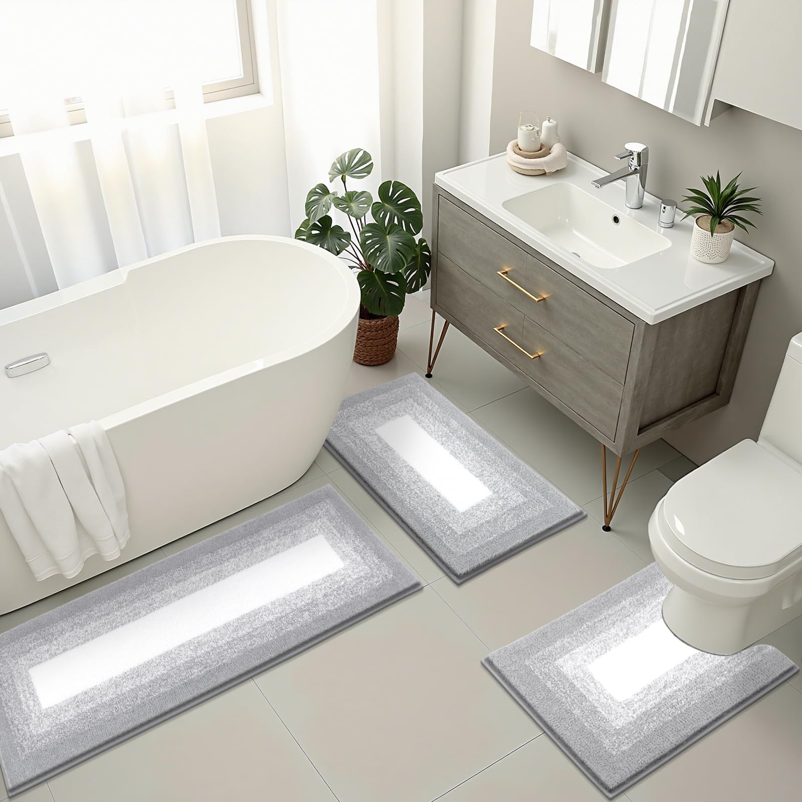 Bsmathom Set di 3 tappeti da bagno antiscivolo e assorbenti, in morbida microfibra a pelo lungo, con contorno a forma di U, lavabili in lavatrice, grigio chiaro