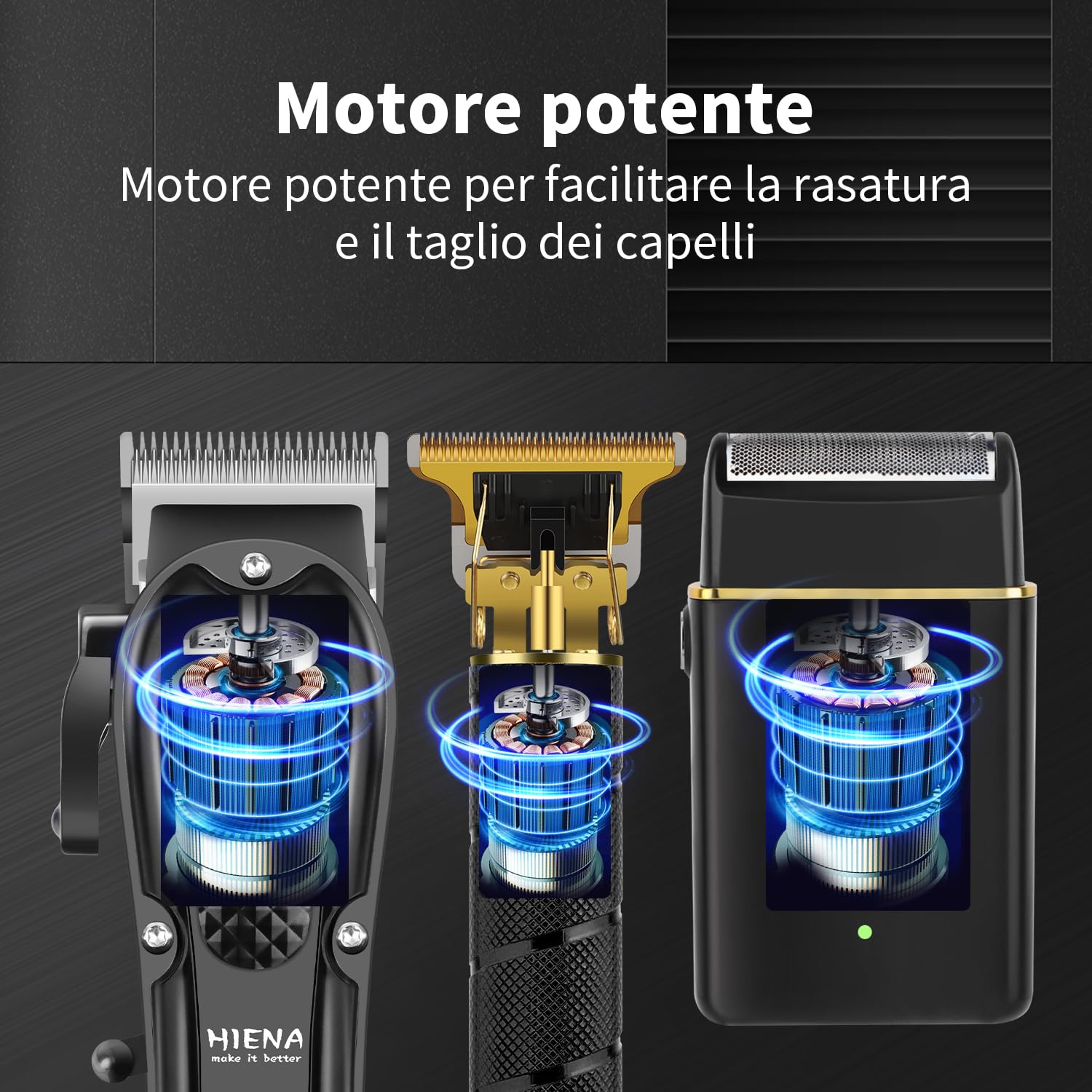 HIENA PRO Tagliacapelli Uomo Professionale, Macchinetta per Capelli Senza Fili, Regolabarba, Rasoio a Lamina, Kit Completo per Rasatura e Taglio di Capelli Elettrico