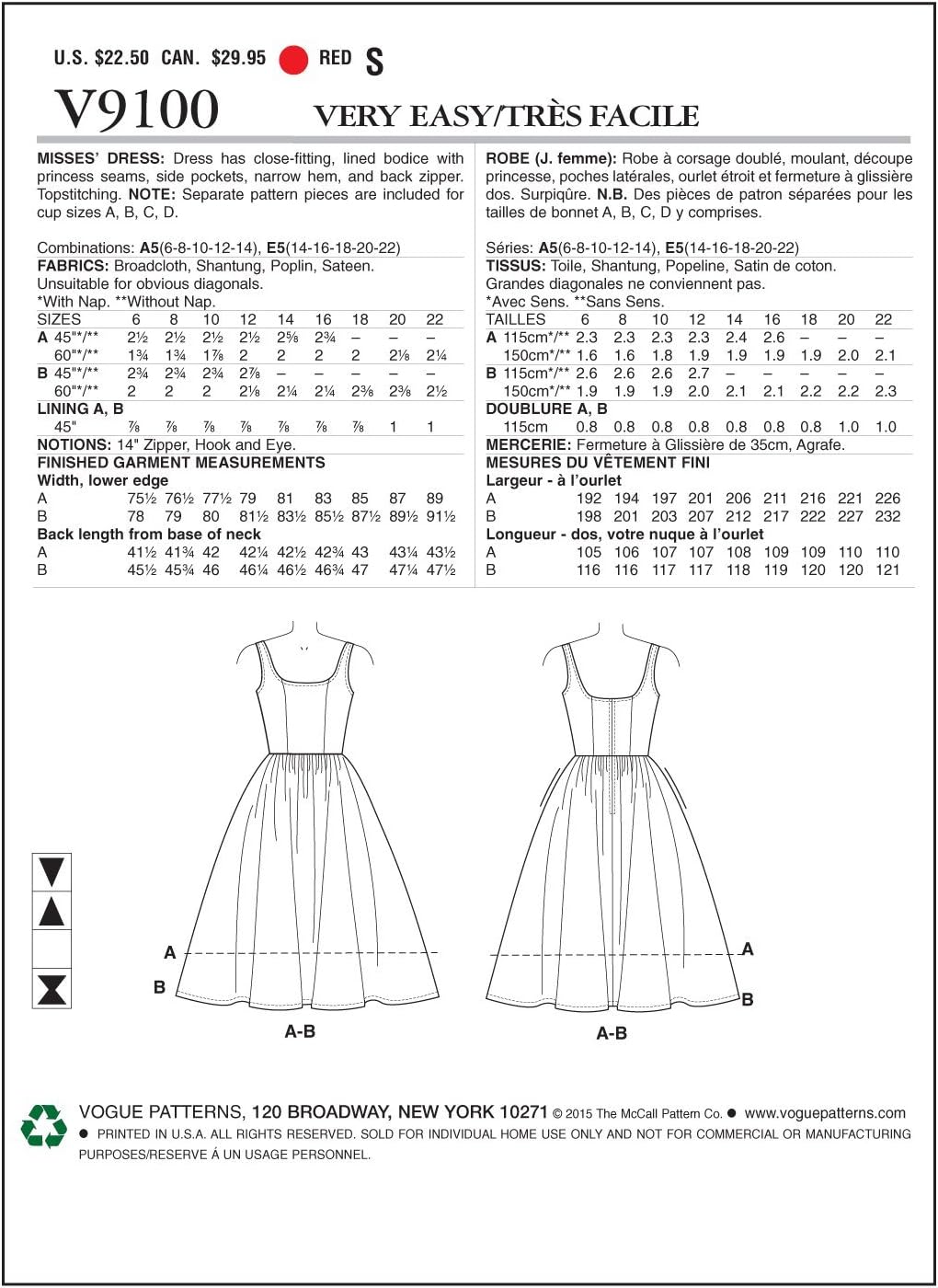 Vogue Patterns V9100 Misses' Dress, Size A5 (6-8-10-12-14)