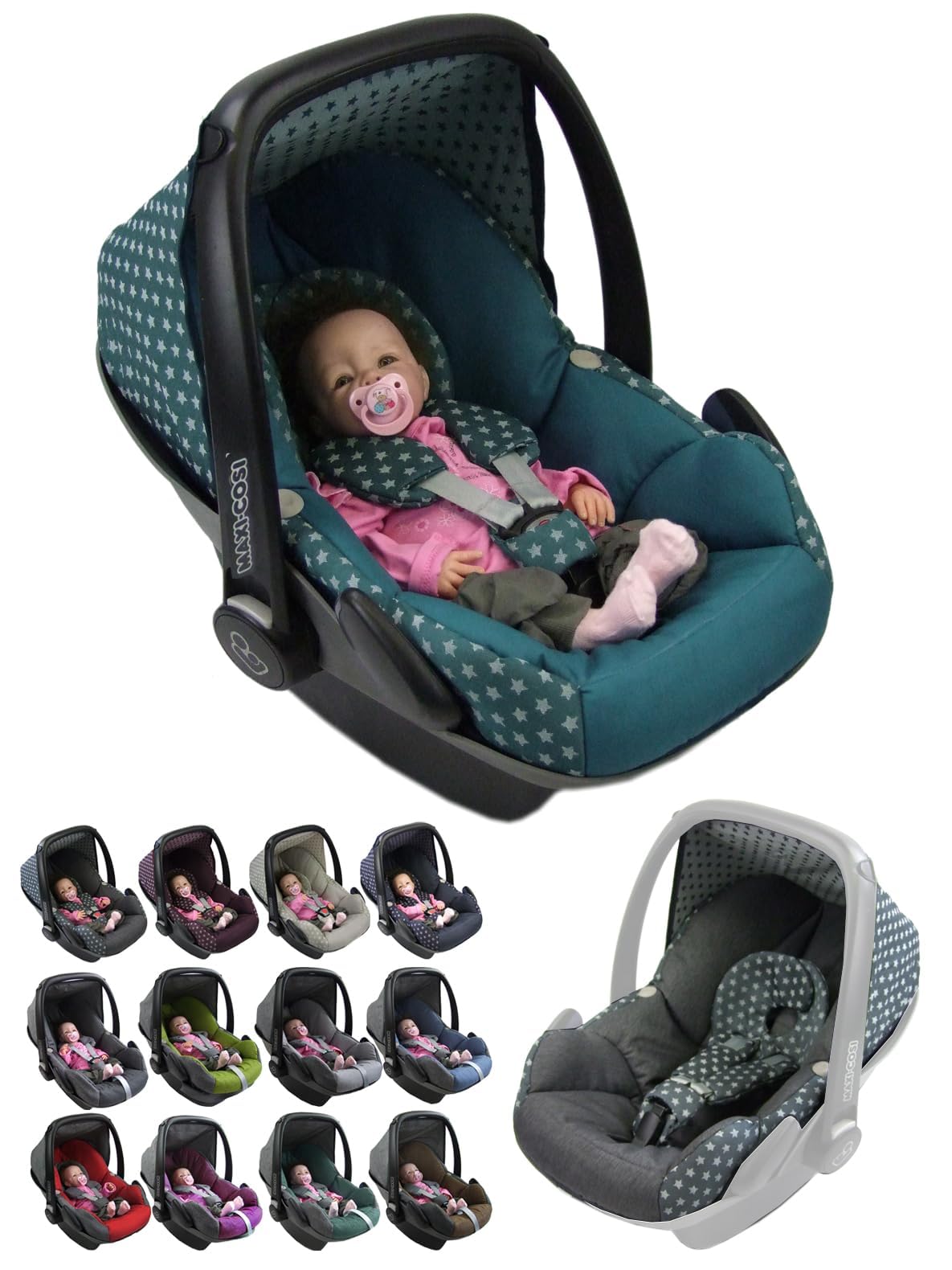 BambiniWelt Ersatzbezug Babyschale 5-teiliges Set kompatibel mit Maxi-Cosi Pebble Sterne olive
