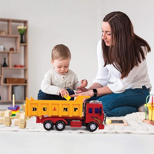 Miniatura 4 de Big Dump Truck Toy para niños juguete de construcción con fricción con equipo pesado de plástico sólido Vehículo juguete y cubo elevador regalo para