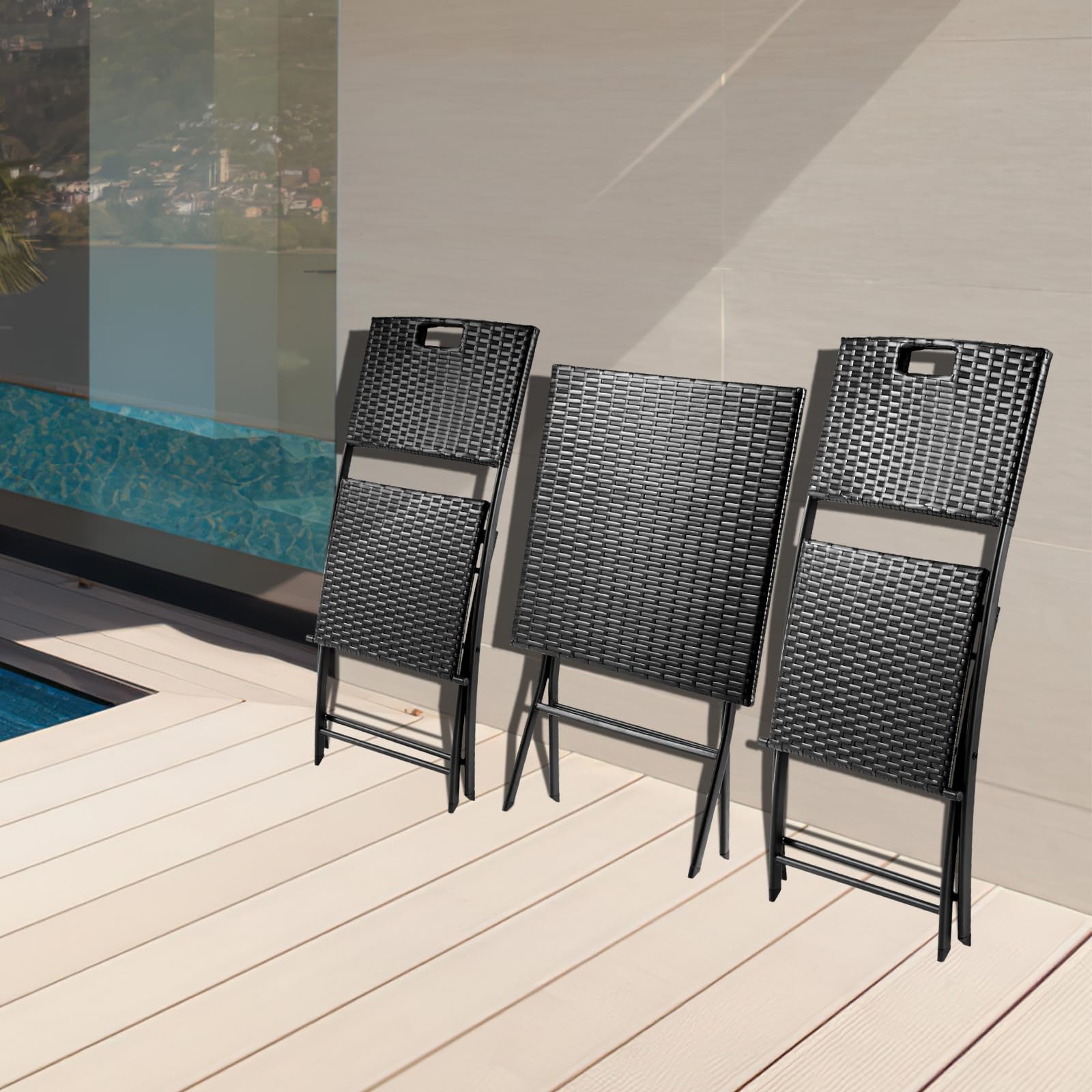 LIFERUN Set di Mobili da Balcone Pieghevole da 3 Pezzi, Mobili da Bistrot, Set Giardino in Rattan, 1 Tavolo e 2 Sedie, Sedia Pieghevole per Balcone, Giardino e Terrazza, Nero