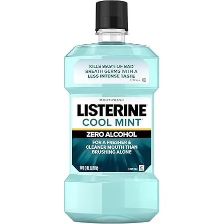 Listerine Zero Alcohol Mouthwash, Alcohol-Free Oral Rinse to Kill 99% of Germs That Cause Bad Breath for Fresh Breath & Clean Mouth, Less Intense Taste, Cool Mint Flavor, 1 L