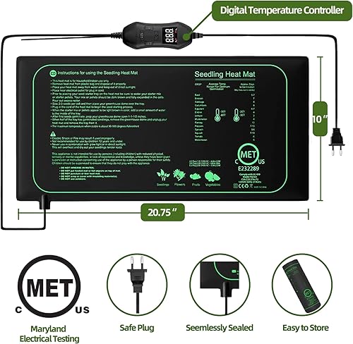 Miniatura 7 de RISINGUP Seedling - Juego de tapete térmico y termostato digital de 10 x 20.75 pulgadas, almohadilla térmica hidropónica cálida con certificación UL