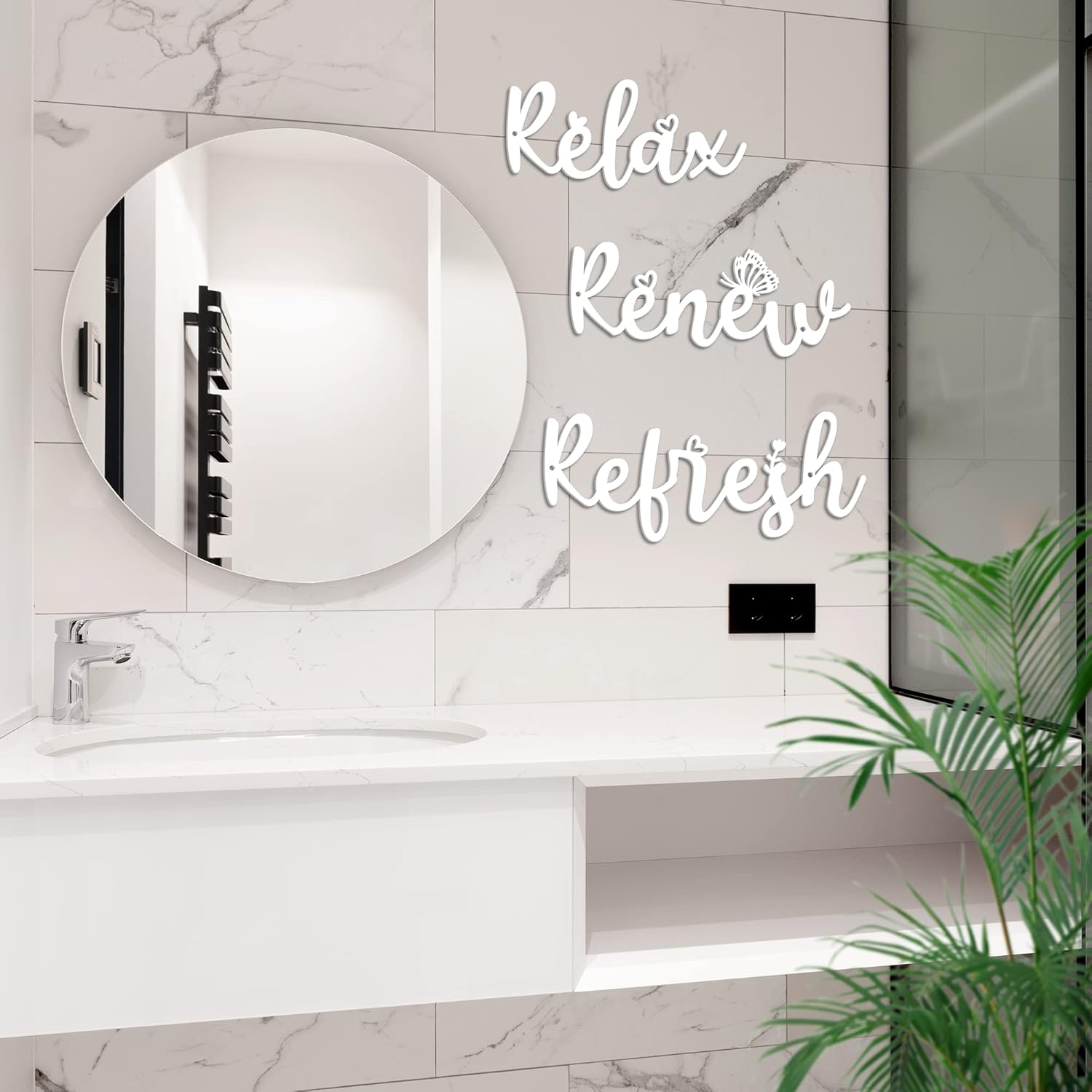 3 Pieces Farmhouse Bathroom Metal Wall Decoration Signs Relax Renew Refresh Funny Butterfly Black White Metal Letter Bathroom Decor Wall Art for Home (White) : Home & Kitchen