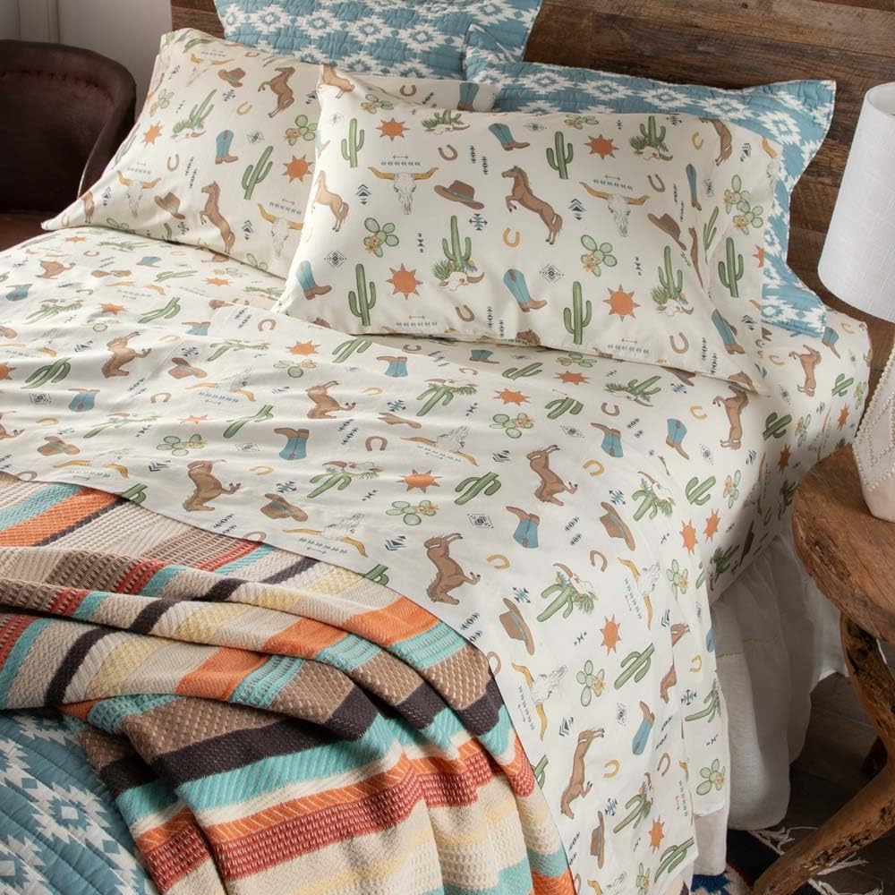 Rod's Southwest Desert Western Icon-(Sheet Set)-4 Piece King Sheet Set-Green Blue Rust-Top Sheet (112x102in)-Fitted Sheet (78x80x15in) Two Pillow Case (20x40in)-Cotton