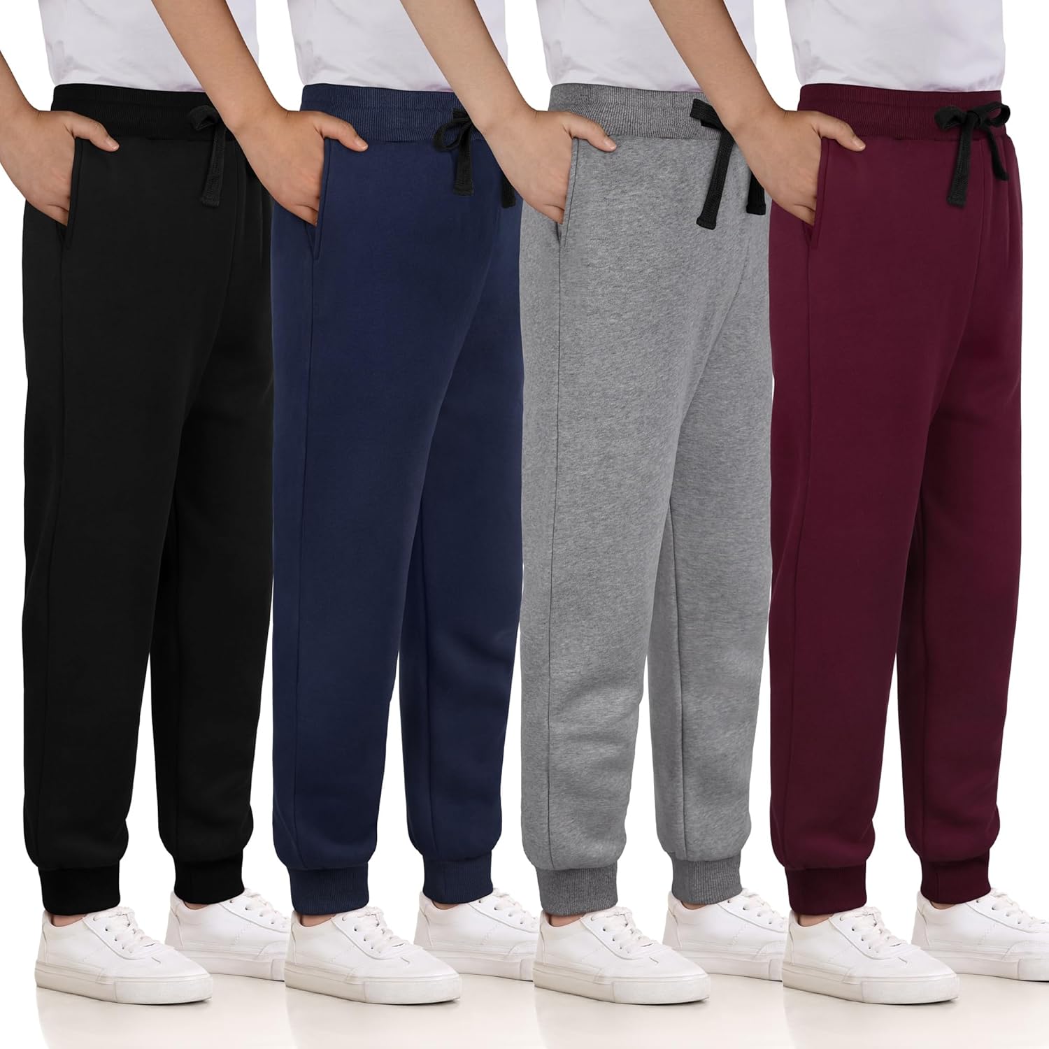 4 Pack Boys Sweatpants Cotton Fleece Lined Boys Athletic Joggers, Active Sweat Pants with Pockets Drawstring for Kids Youth
