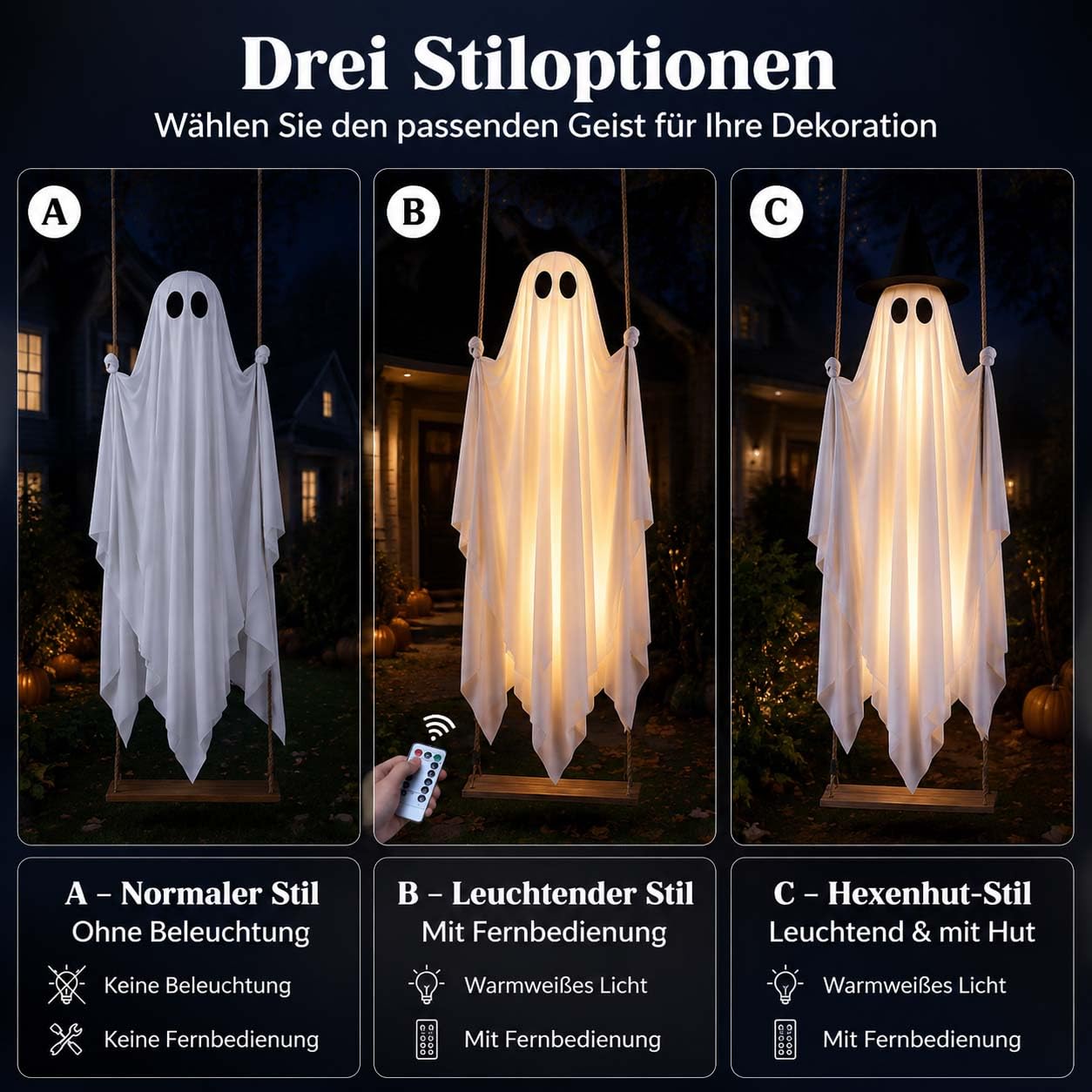 Swinging Ghost mit Fernbedienung & Led, Halloween HäNgender Schaukelgeist, Leuchtende Geist mit Holzschaukel, füR Garten, Hof, Veranda, Feiertage (B-Leuchtend)